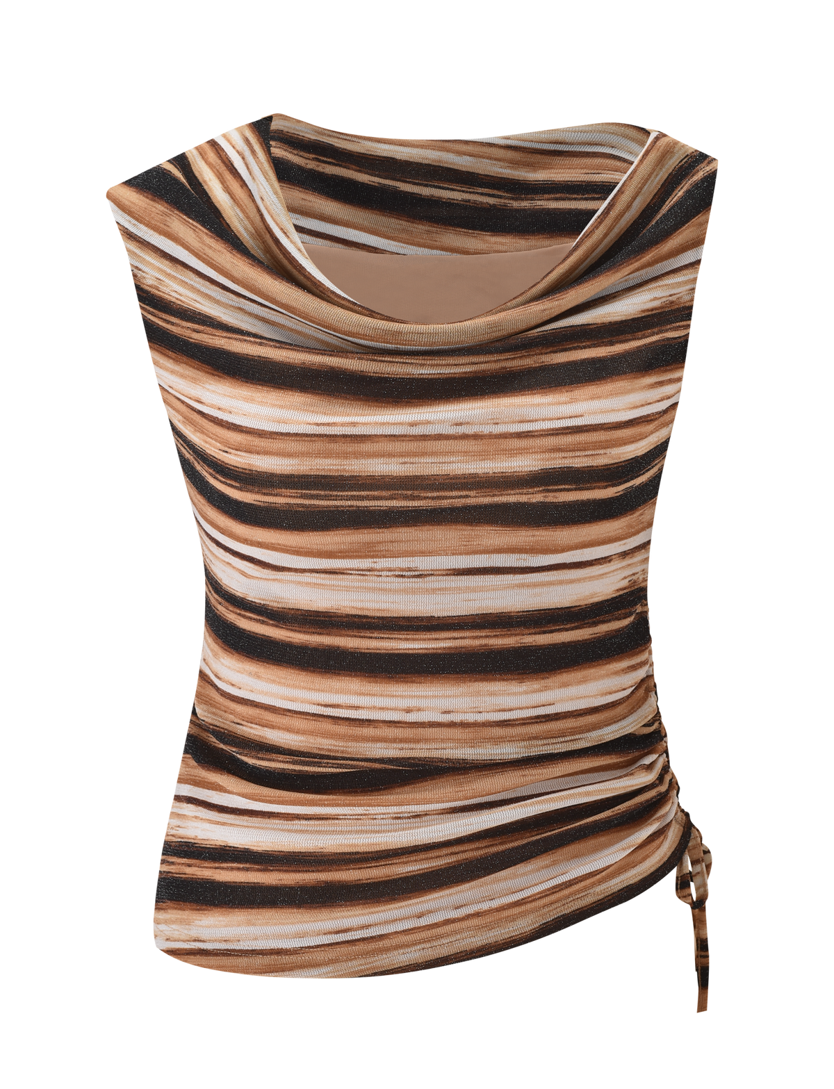 The BRAELYN TOP by TIGERMIST features a sleeveless, cowl neckline design with brown, black, and white brushstroke stripes and a ruched side drawstring detail.