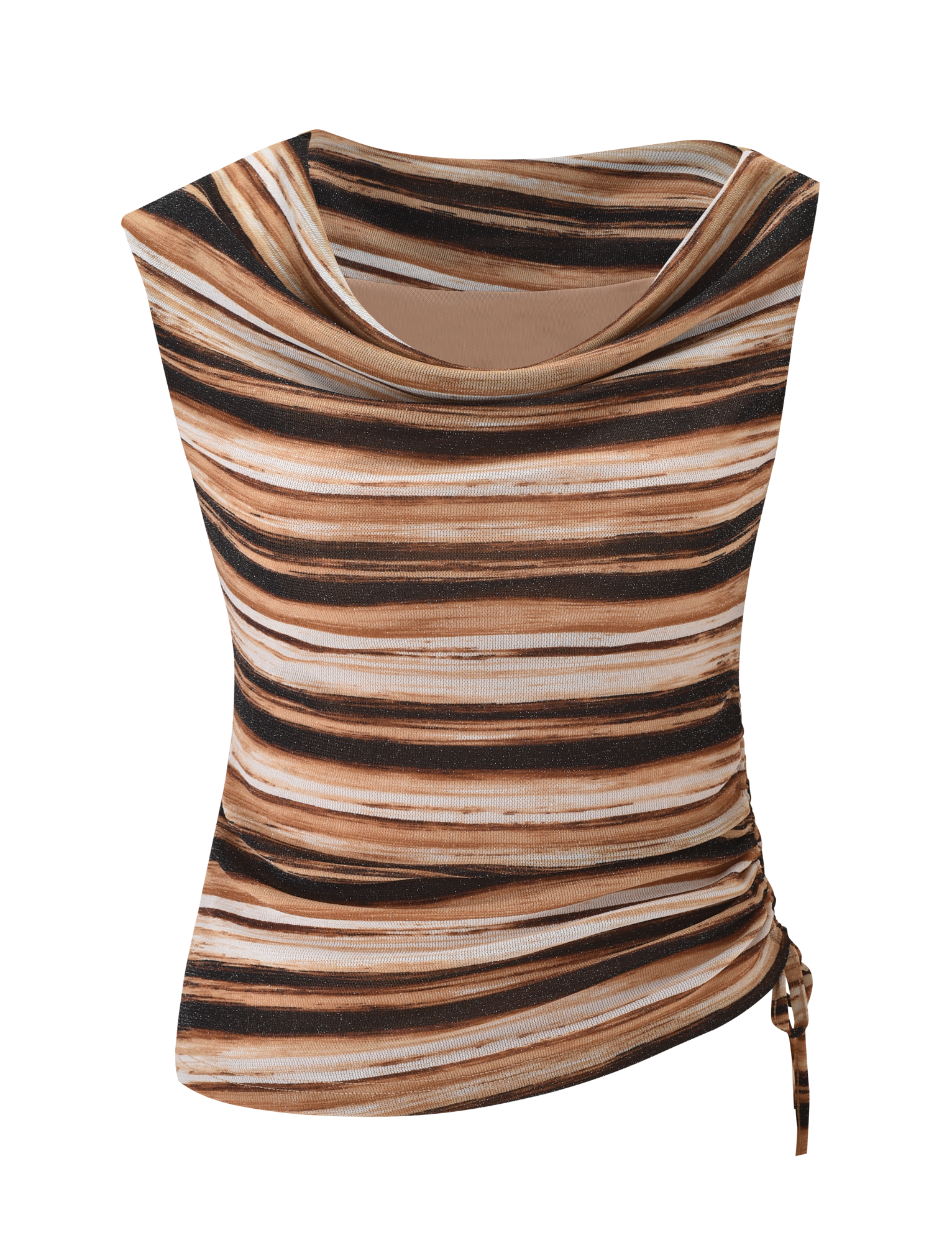 The BRAELYN TOP by TIGERMIST features a sleeveless, cowl neckline design with brown, black, and white brushstroke stripes and a ruched side drawstring detail.