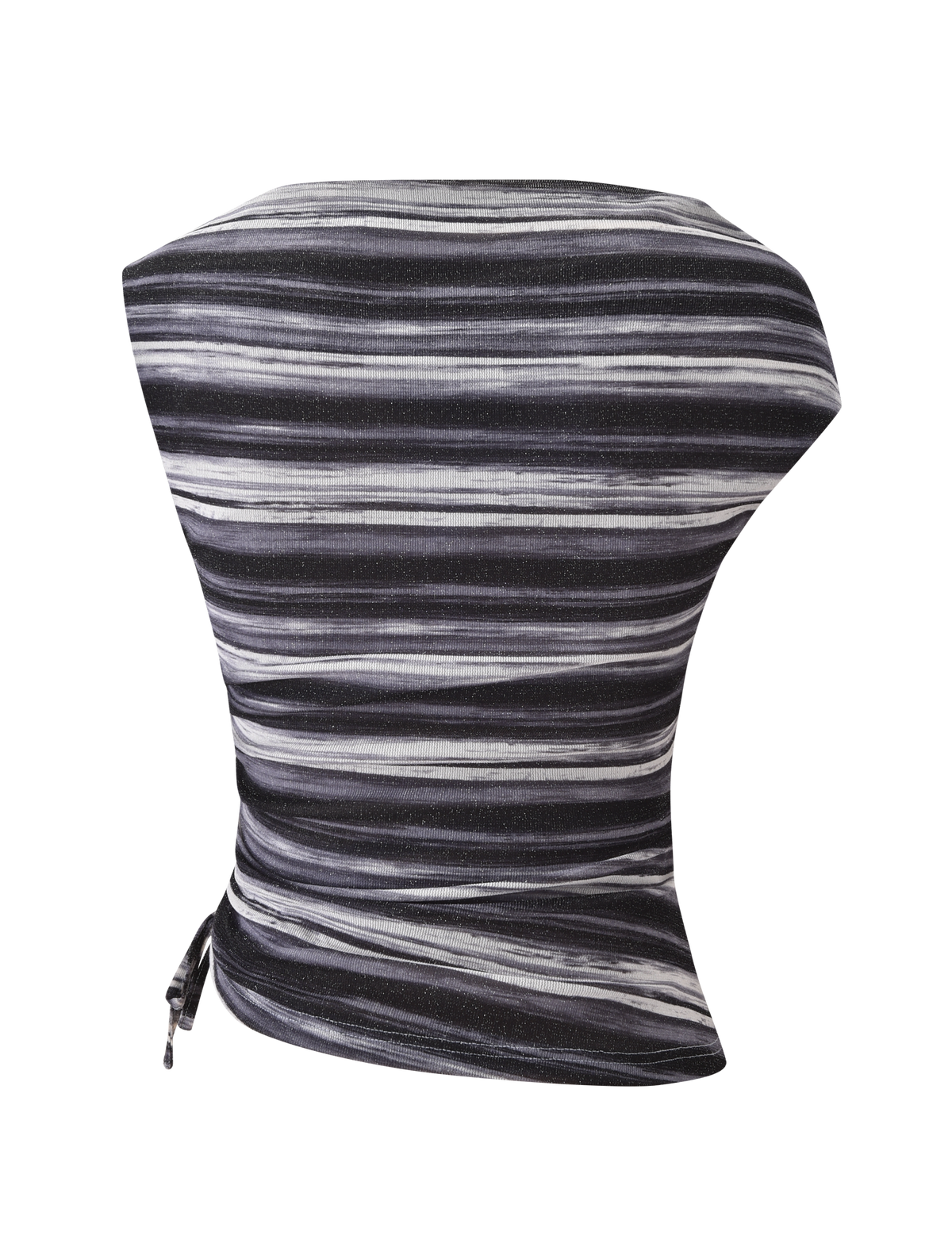 The BRAELYN TOP - GREY STRIPE by TIGERMIST is a sleeveless, asymmetrical off-shoulder top with horizontal black, gray, and white stripes, featuring ruched detail and a side drawstring.