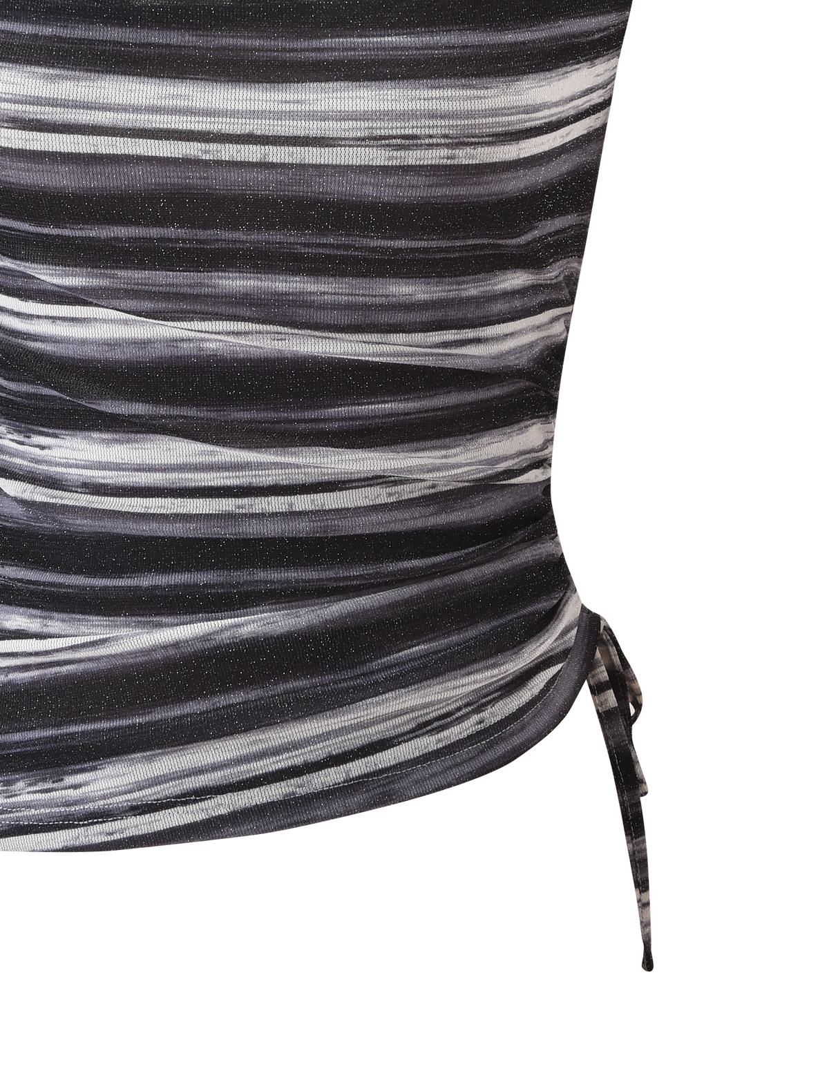 Close-up of the BRAELYN TOP by TIGERMIST in grey stripe, featuring black and white lurex stripes, ruched sides, and an adjustable drawstring on one side. Set against a white background.