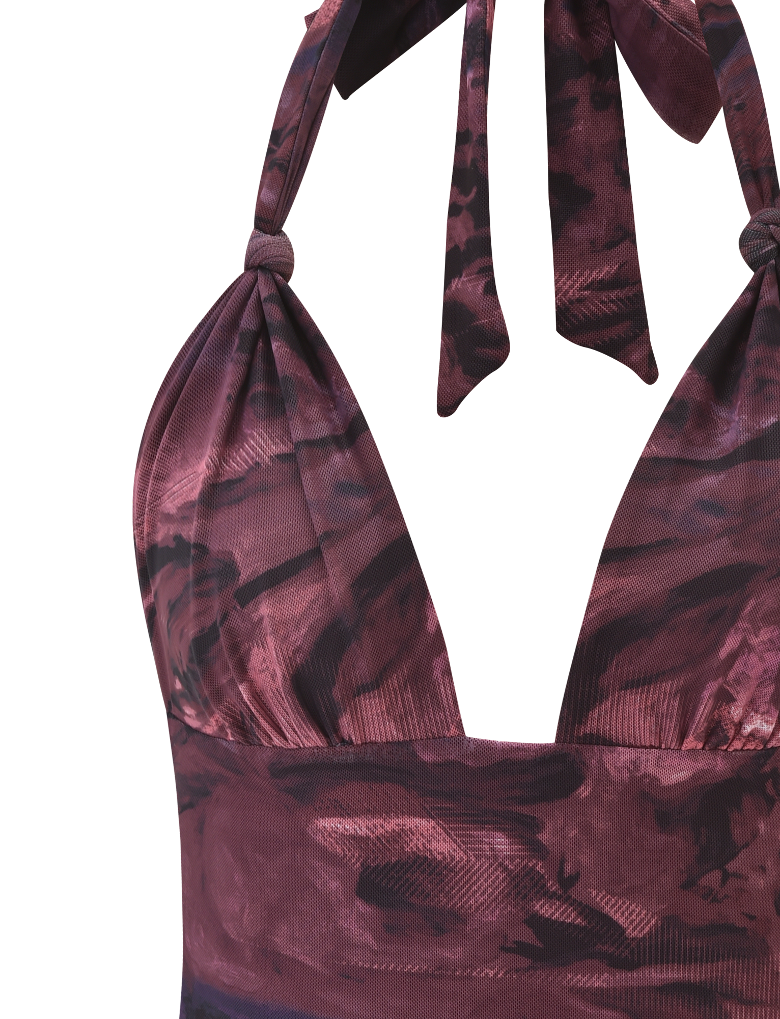 A close-up of the TIGERMIST FRIEDA TOP - BURGANDY ROMANTICA, a halter-neck swimsuit top with a burgundy and black abstract pattern, side ruching, and neck-tie detail, inspired by the elegant Frieda Dress.