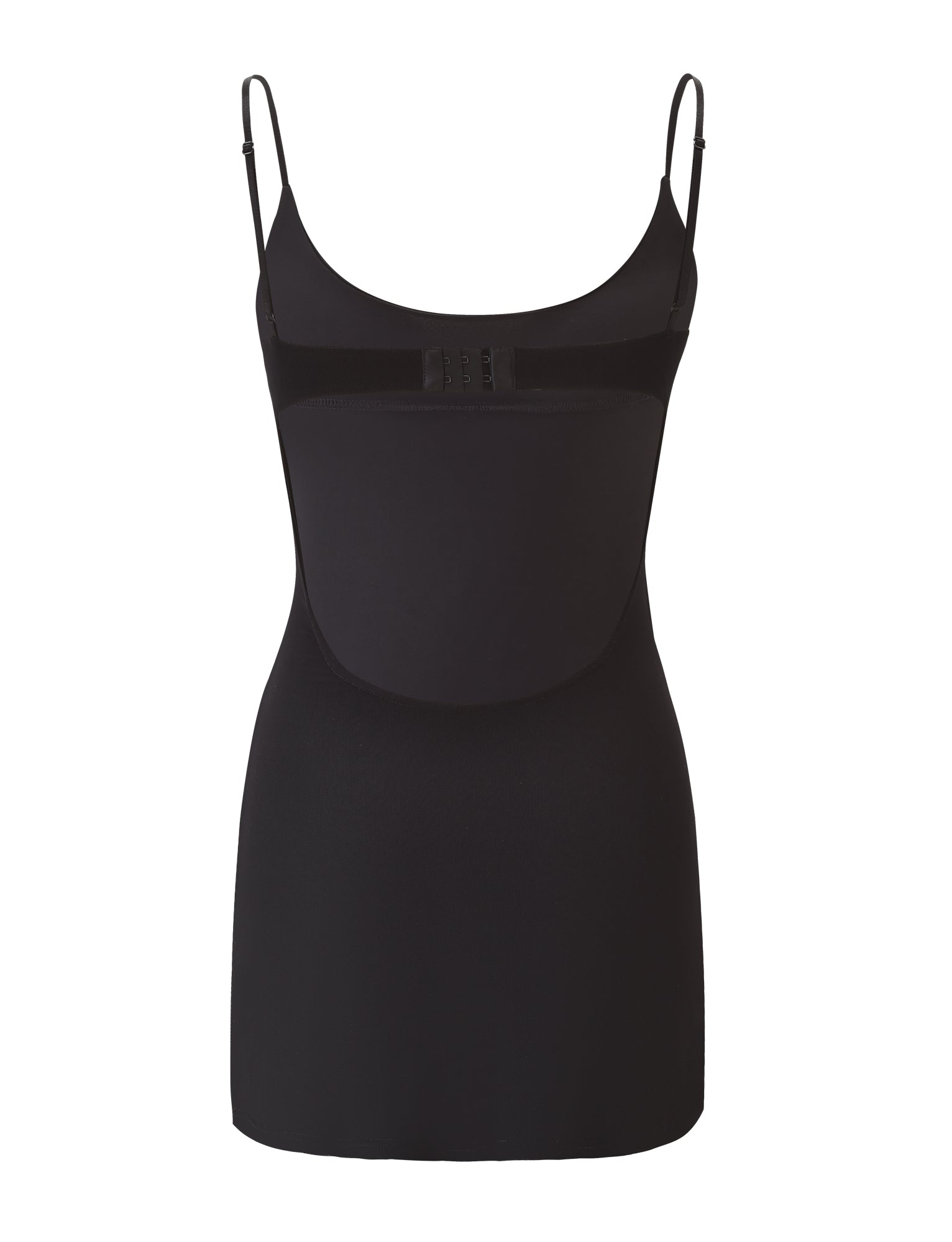 The TIGERMIST OCTAVIA MINI DRESS - BLACK is a form-fitting shapewear slip with thin adjustable straps and a built-in midsection panel with hook-and-eye closures, providing smoothing support and subtle elegance for any occasion.