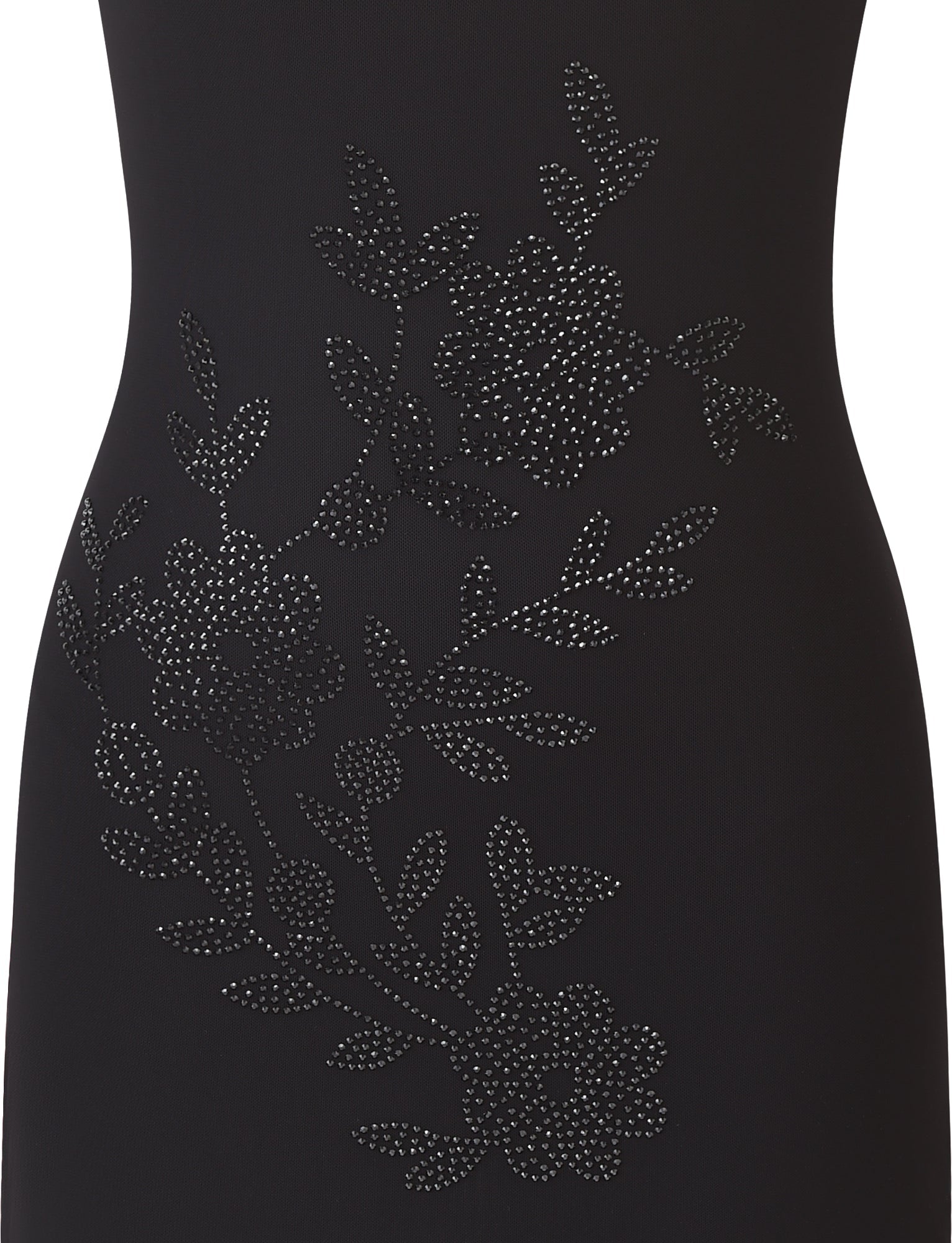Close-up of TIGERMIST's OCTAVIA MINI DRESS in black, showcasing decorative floral embellishments made from small, shiny studs arranged as flowers and leaves on the fabric.