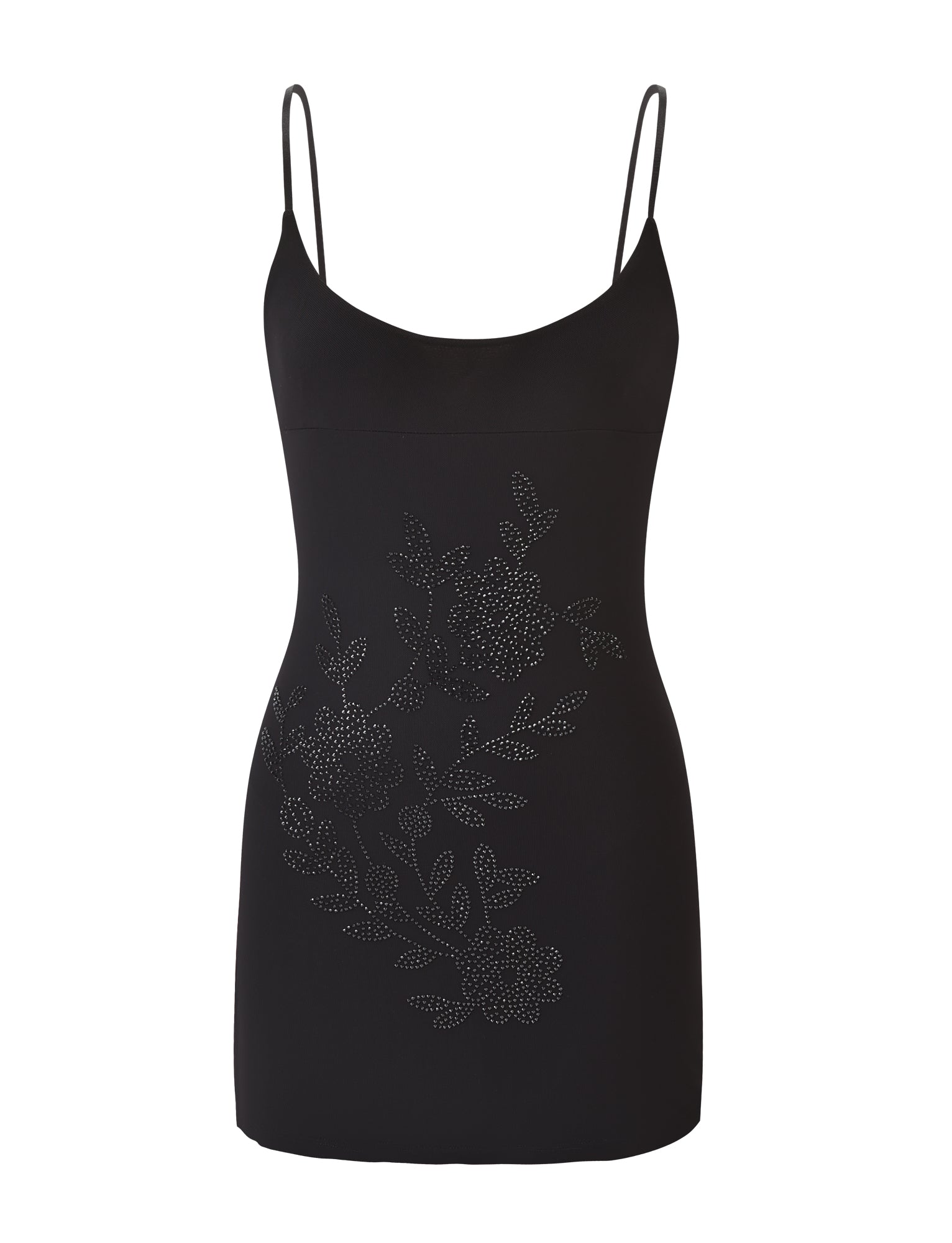 The TIGERMIST OCTAVIA MINI DRESS - BLACK is a sleeveless mini dress with thin spaghetti straps and subtle floral stud embellishments on the front.