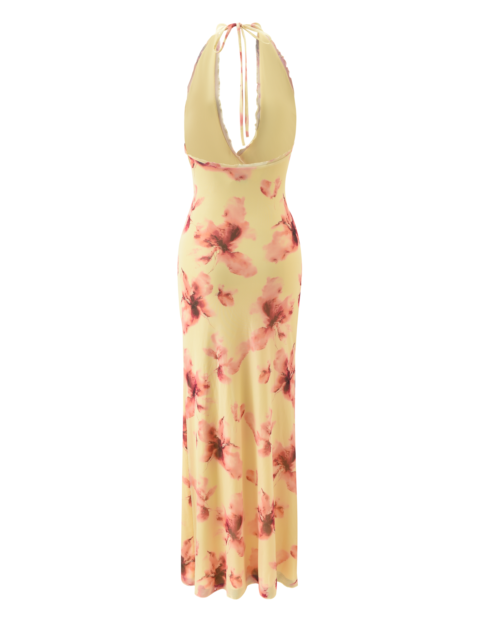 The TIGERMIST ALLEGRA MAXI DRESS features a yellow watercolour floral print, plunging halter neckline, high leg split, and open back, shown on a plain white background.