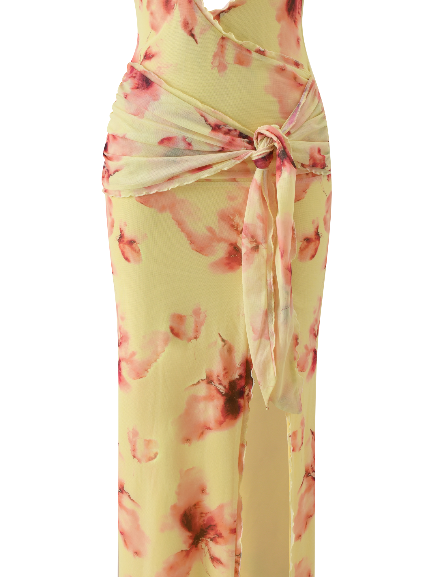 The ALLEGRA MAXI DRESS by TIGERMIST features a sleeveless yellow watercolour floral print, wrap-style front, high leg split, and matching fabric waist tie.