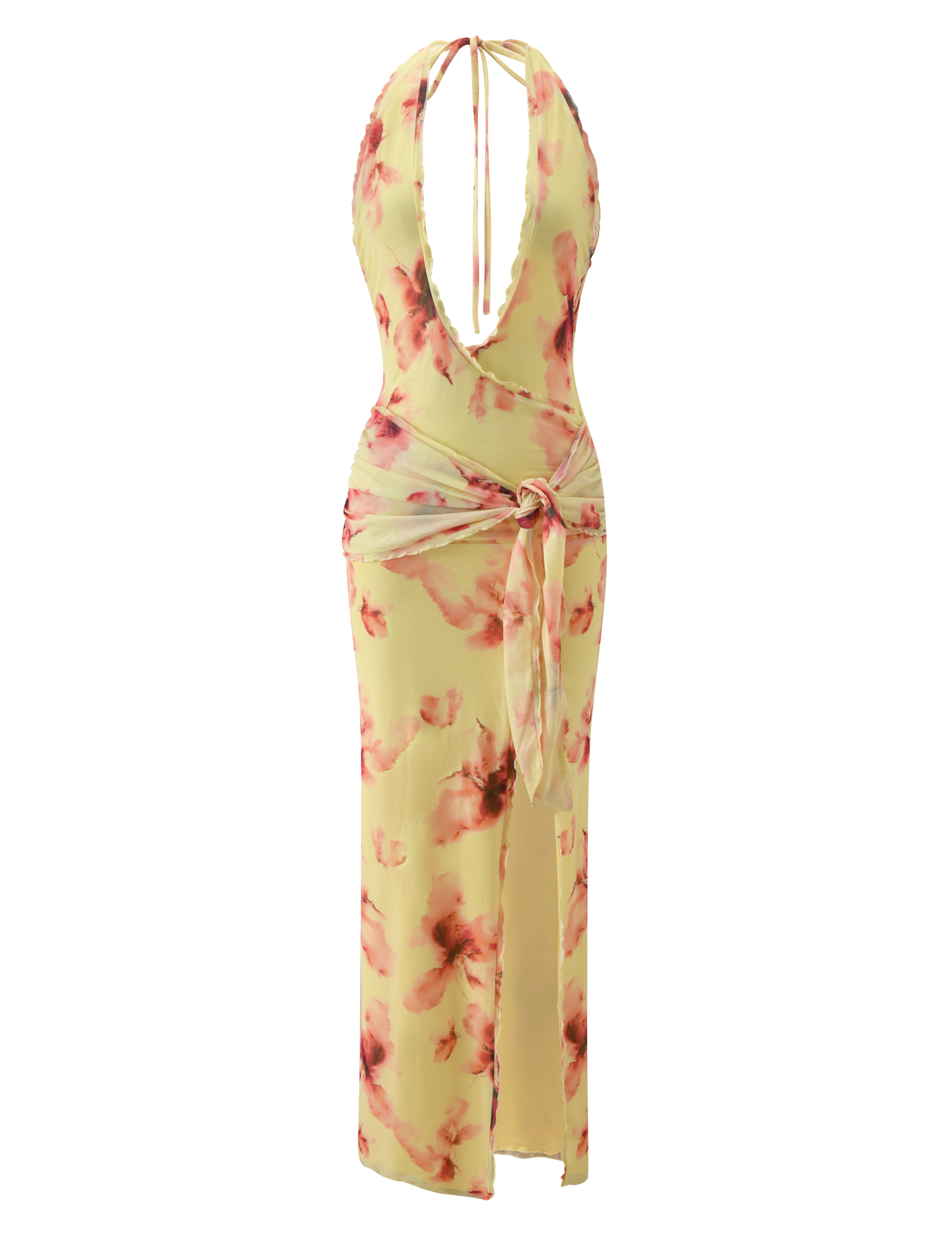 The ALLEGRA MAXI DRESS by TIGERMIST features a sleeveless, floor-length yellow watercolour floral print with elegant pink accents, a plunging deep V-neck, open back, and tied sash waist.