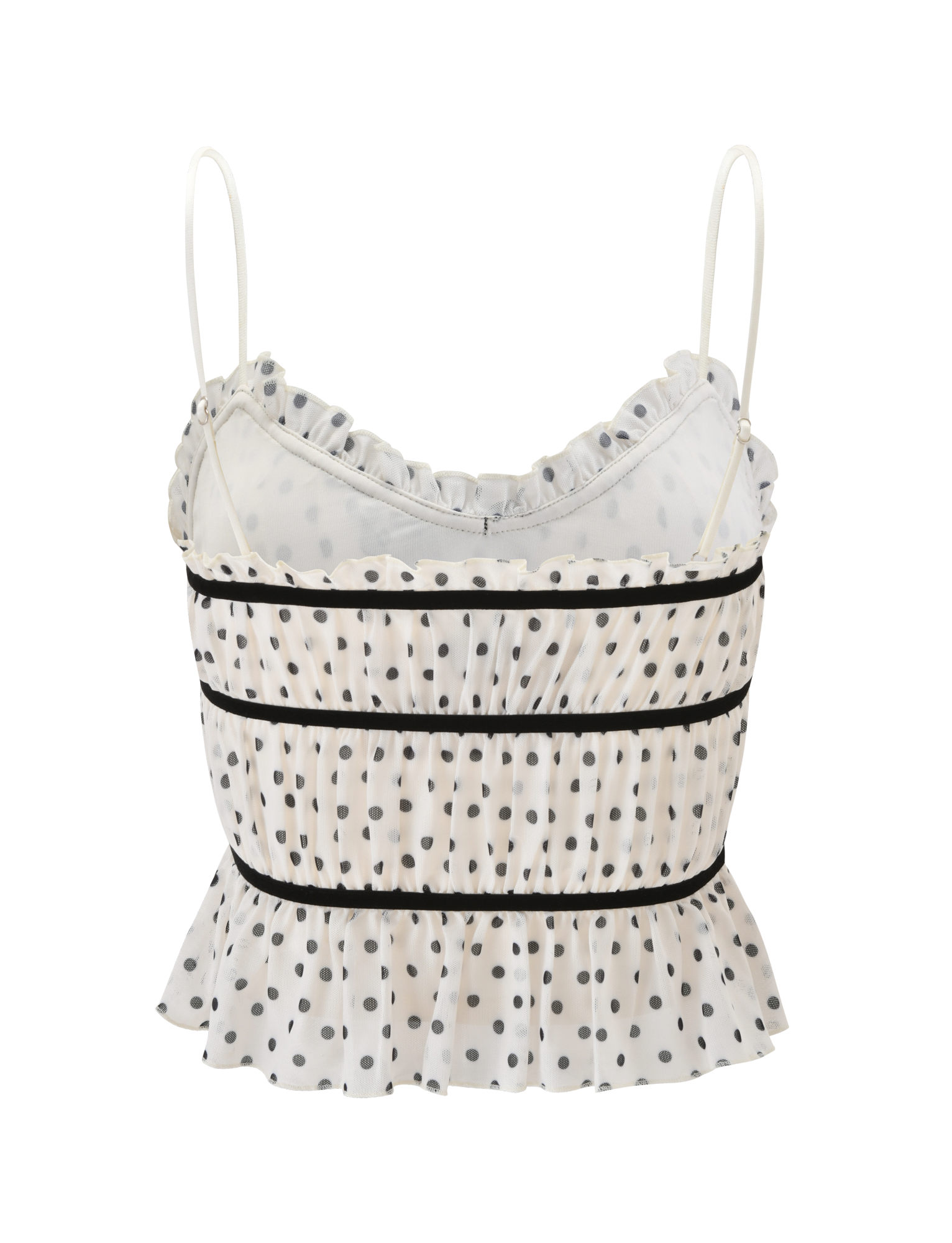 The LIORA TOP - POLKA DOT by TIGERMIST features white polka dots, thin spaghetti straps, ruffled trim on the neckline and hem, horizontal black piping, and a chic sleeveless design.