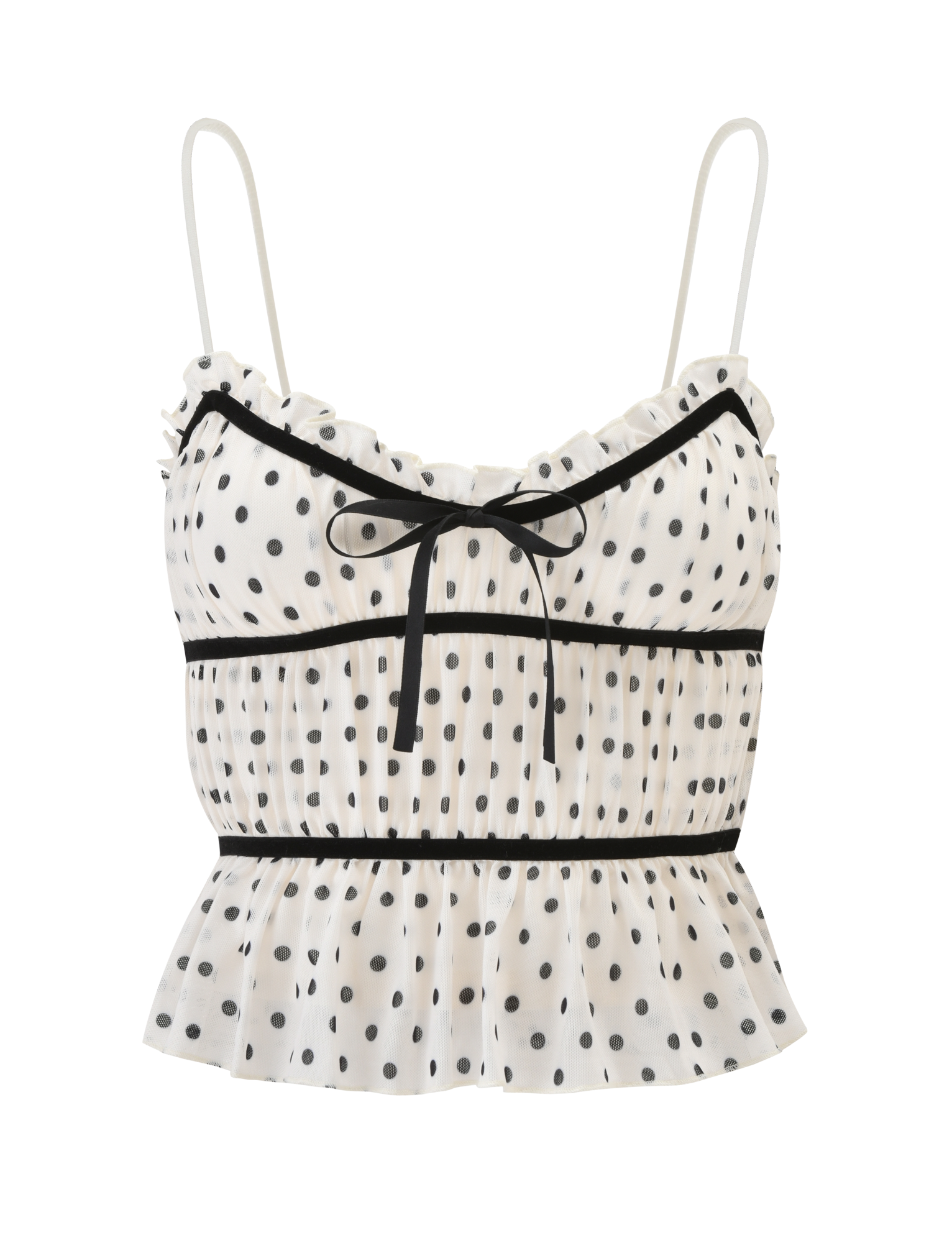The LIORA TOP - POLKA DOT by TIGERMIST is a white, sleeveless cami featuring adjustable straps, black ribbon detailing with a center bow, playful polka dots, and a ruffled hem.