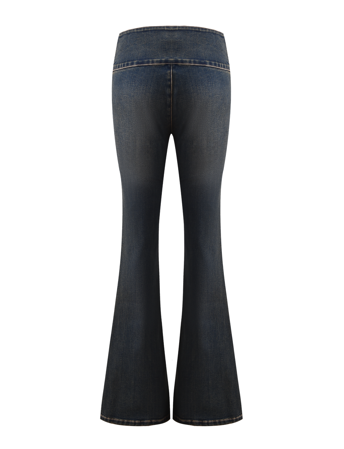 The RIONA JEAN - MIDWASH by TIGERMIST is a high-waisted, flared-leg denim jean in dark blue, shown from the back against a white background.