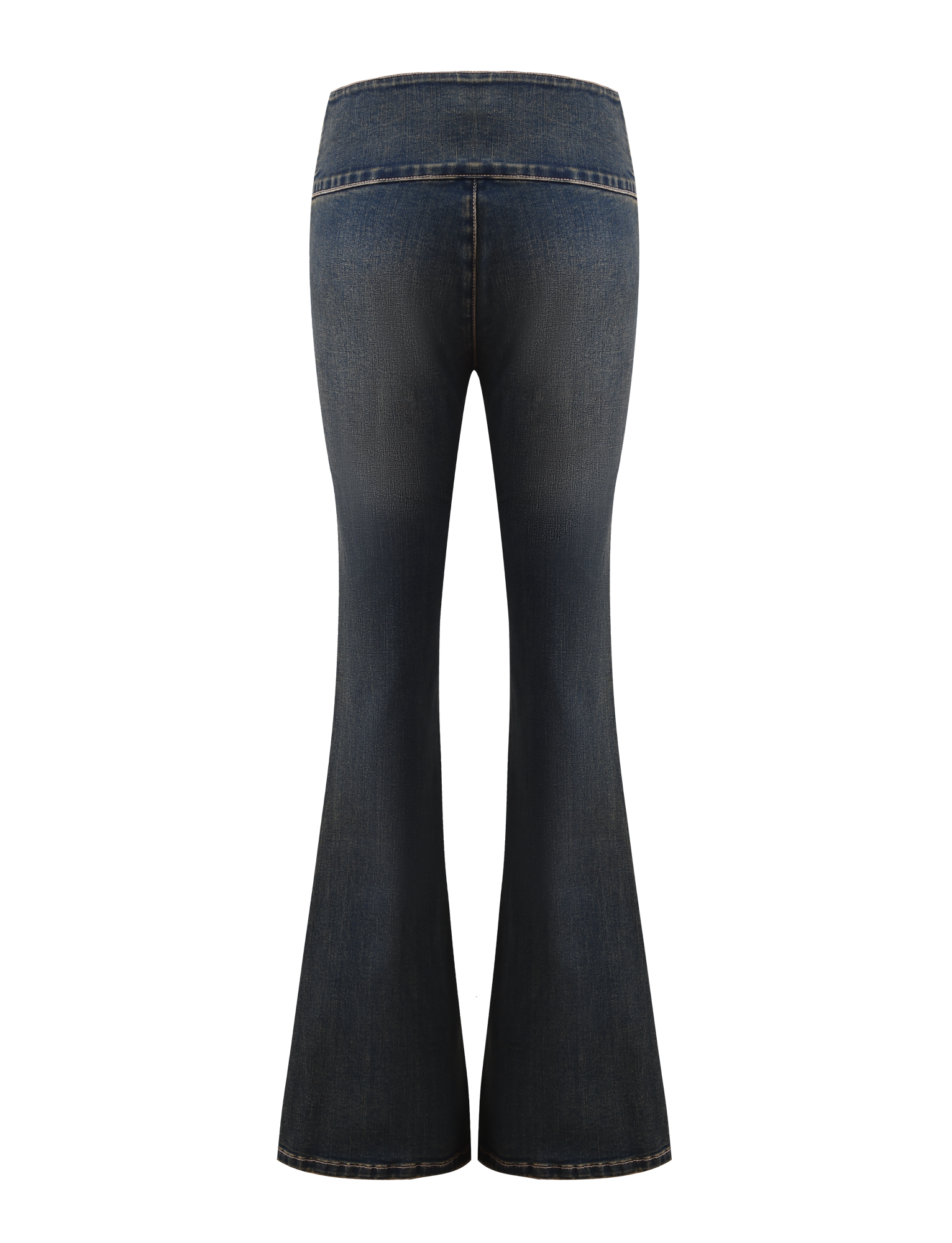 The RIONA JEAN - MIDWASH by TIGERMIST is a high-waisted, flared-leg denim jean in dark blue, shown from the back against a white background.