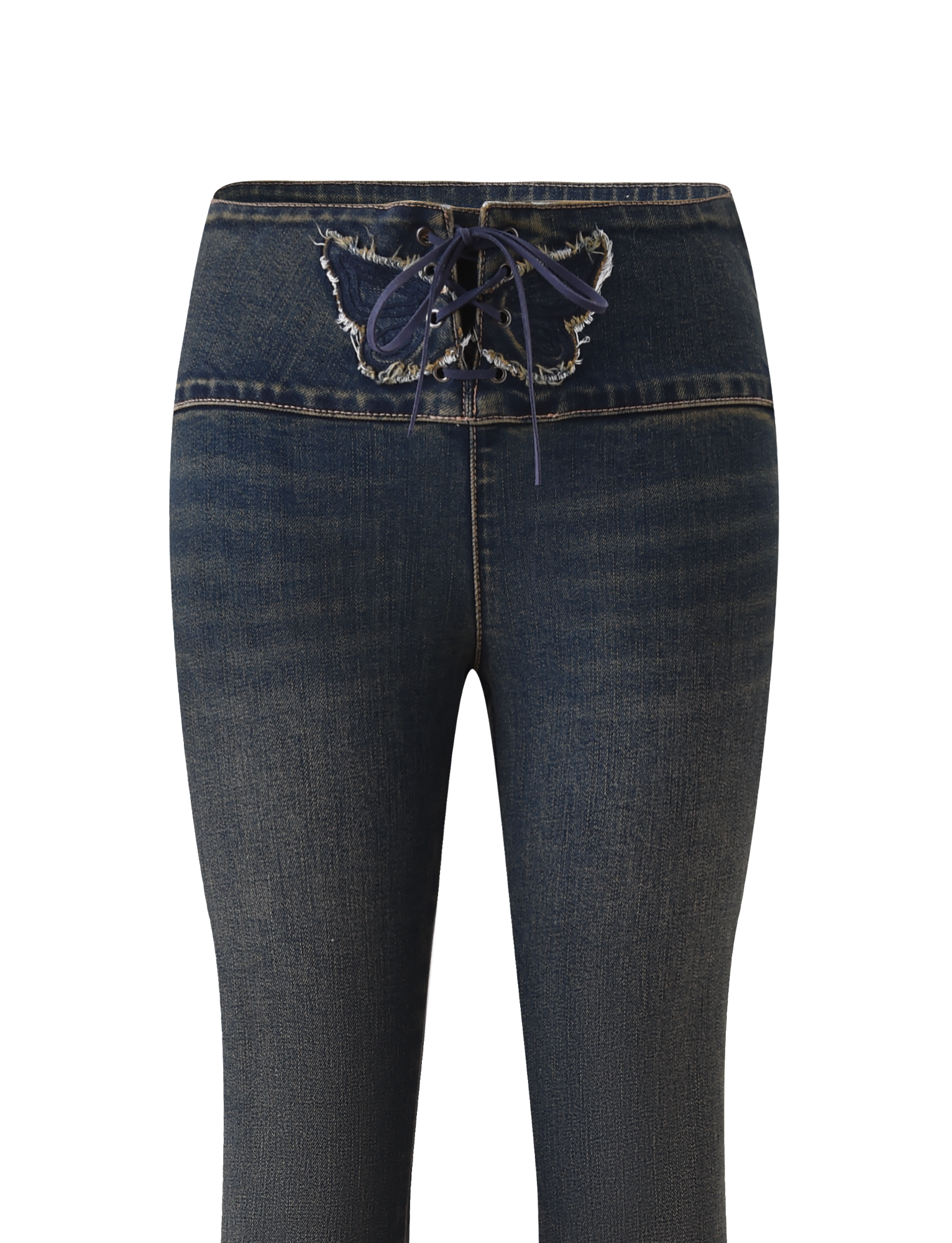 The RIONA JEAN - MIDWASH by TIGERMIST features dark blue denim, a front lace-up closure, frayed waistband edges, subtle thigh fading, and a flattering flared leg. Shown against a plain white background.