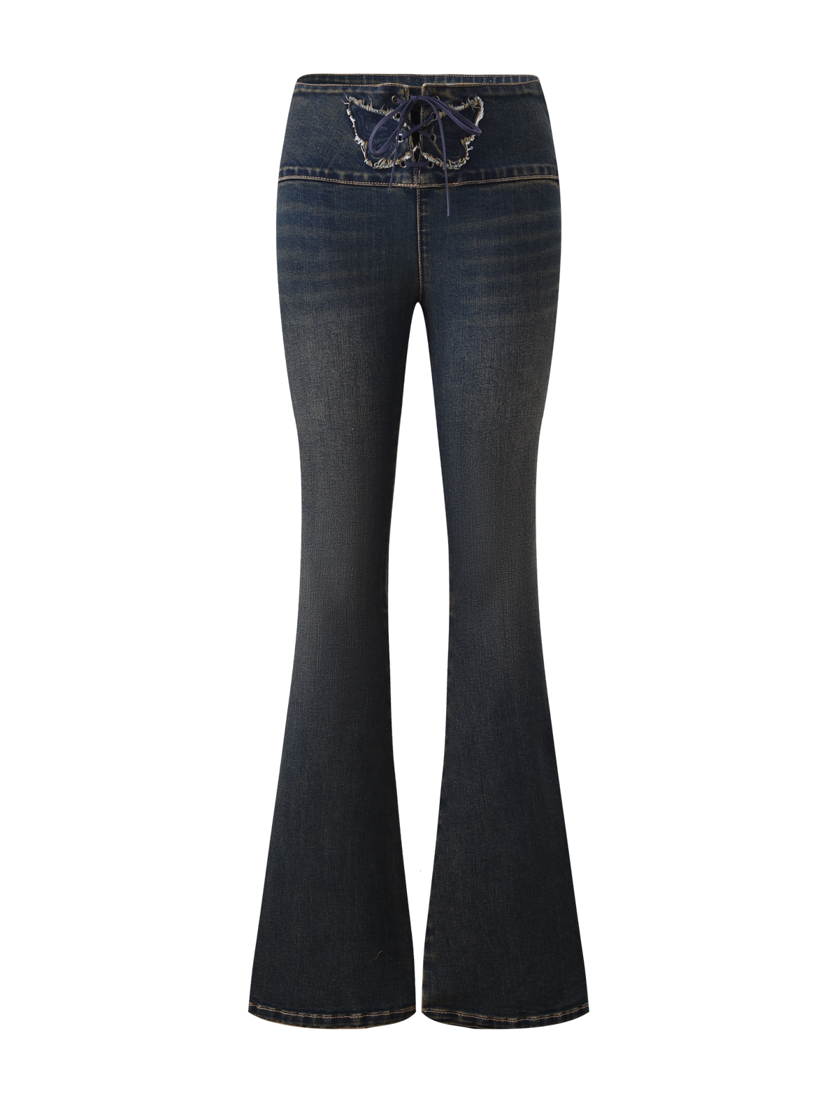 The TIGERMIST RIONA JEAN - MIDWASH features a high waist, flared legs, front lace-up closure, and butterfly embroidery on the waistband, shown against a white background.