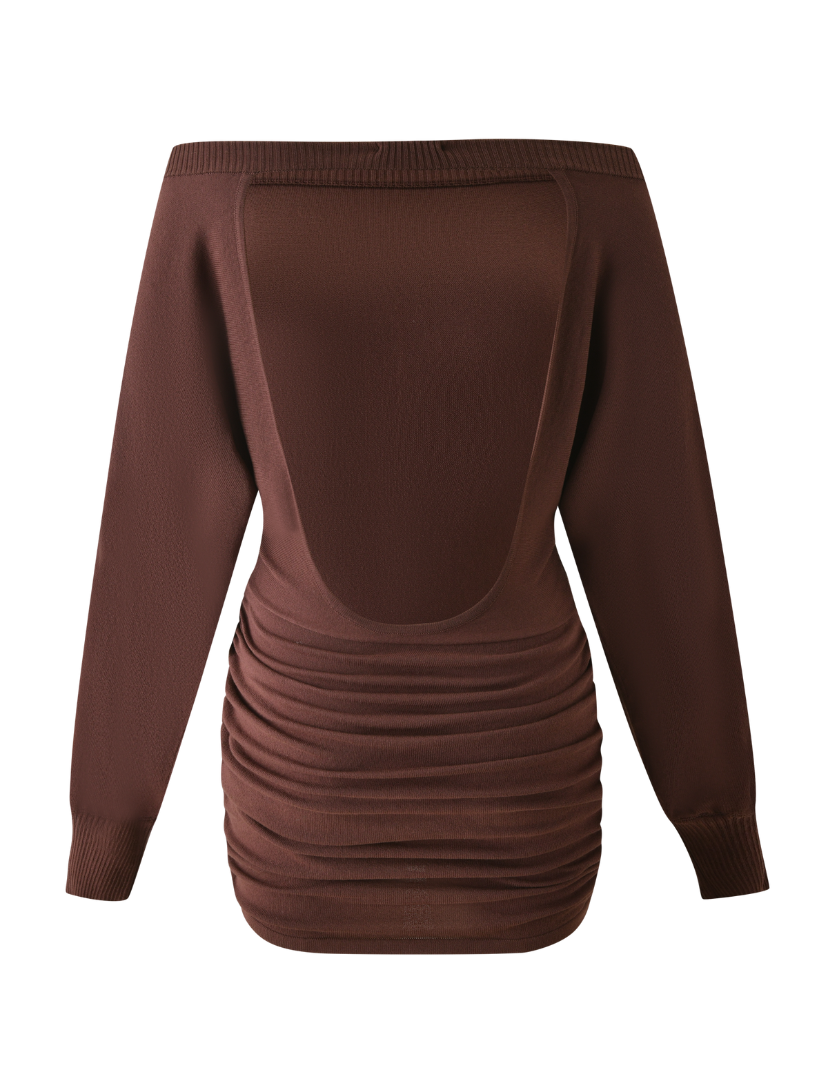The JANINE MINI DRESS - CHOCOLATE by TIGERMIST is a brown, long-sleeve, off-shoulder mini dress with ribbed cuffs, an open back, and ruched detailing for a flattering silhouette.
