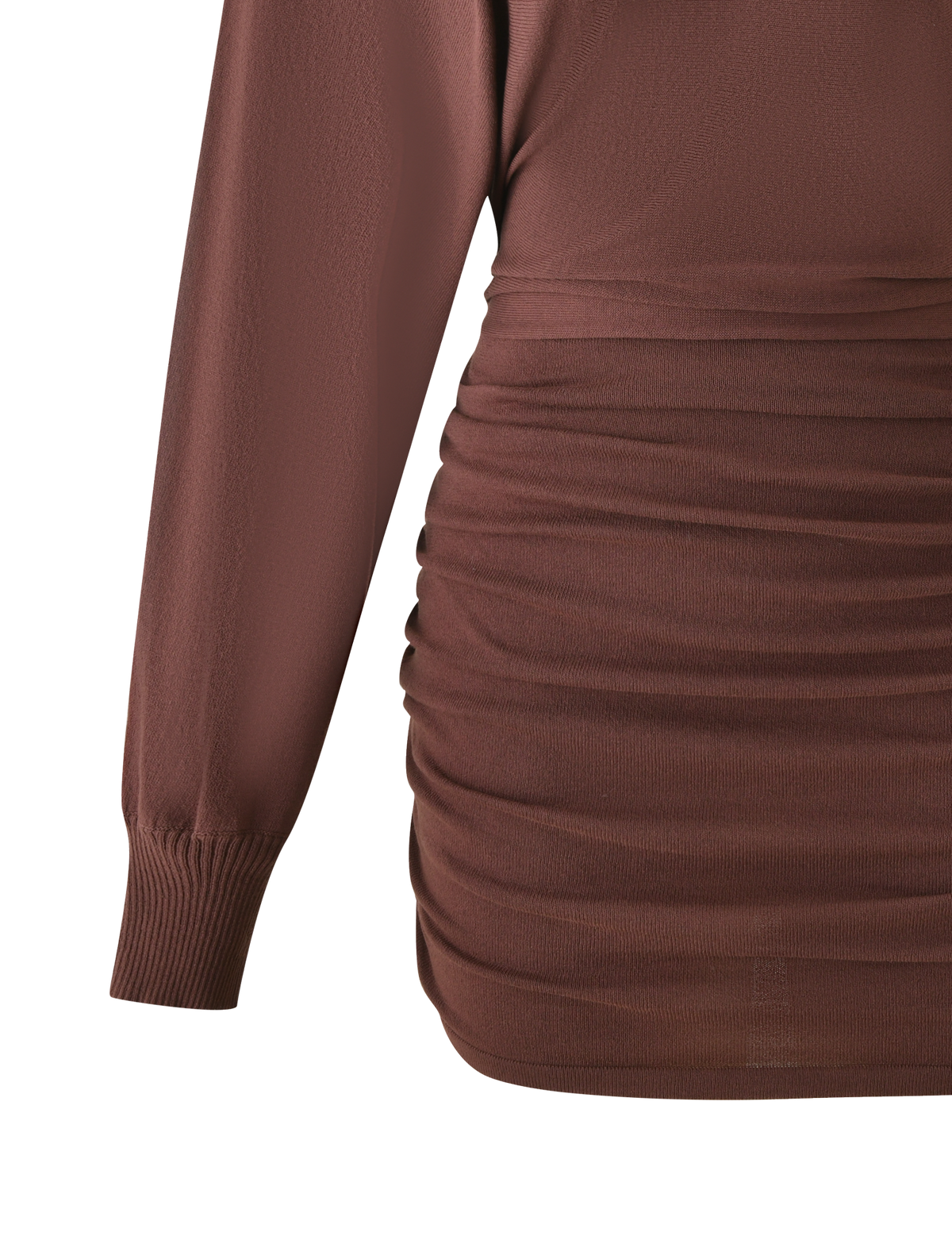 Close-up of the TIGERMIST JANINE MINI DRESS in Chocolate, a knit mini dress with ruched waist and hip detailing, ribbed sleeve cuffs, and a smooth textured fabric.