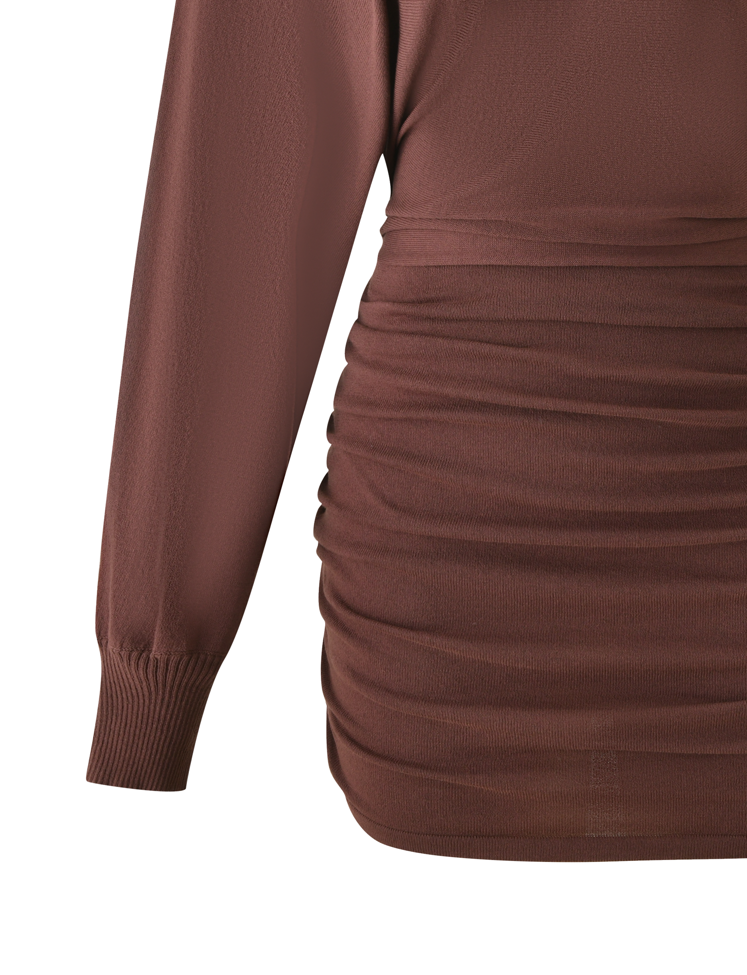 Close-up of the TIGERMIST JANINE MINI DRESS in Chocolate, a knit mini dress with ruched waist and hip detailing, ribbed sleeve cuffs, and a smooth textured fabric.
