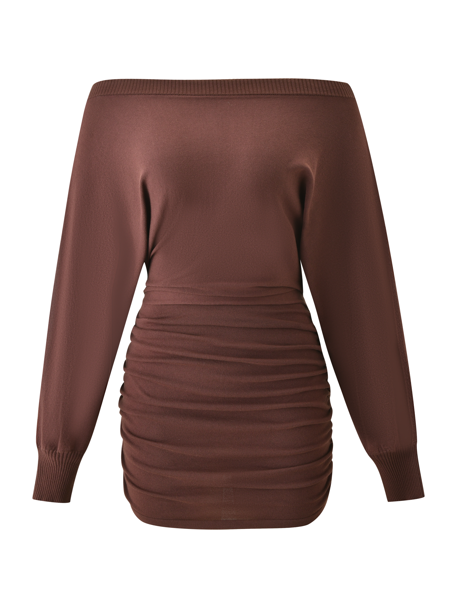 The TIGERMIST JANINE MINI DRESS in chocolate features an off-the-shoulder knit design, long sleeves, ruched bodycon mini skirt, and ribbed cuffs, showcased against a plain white background.