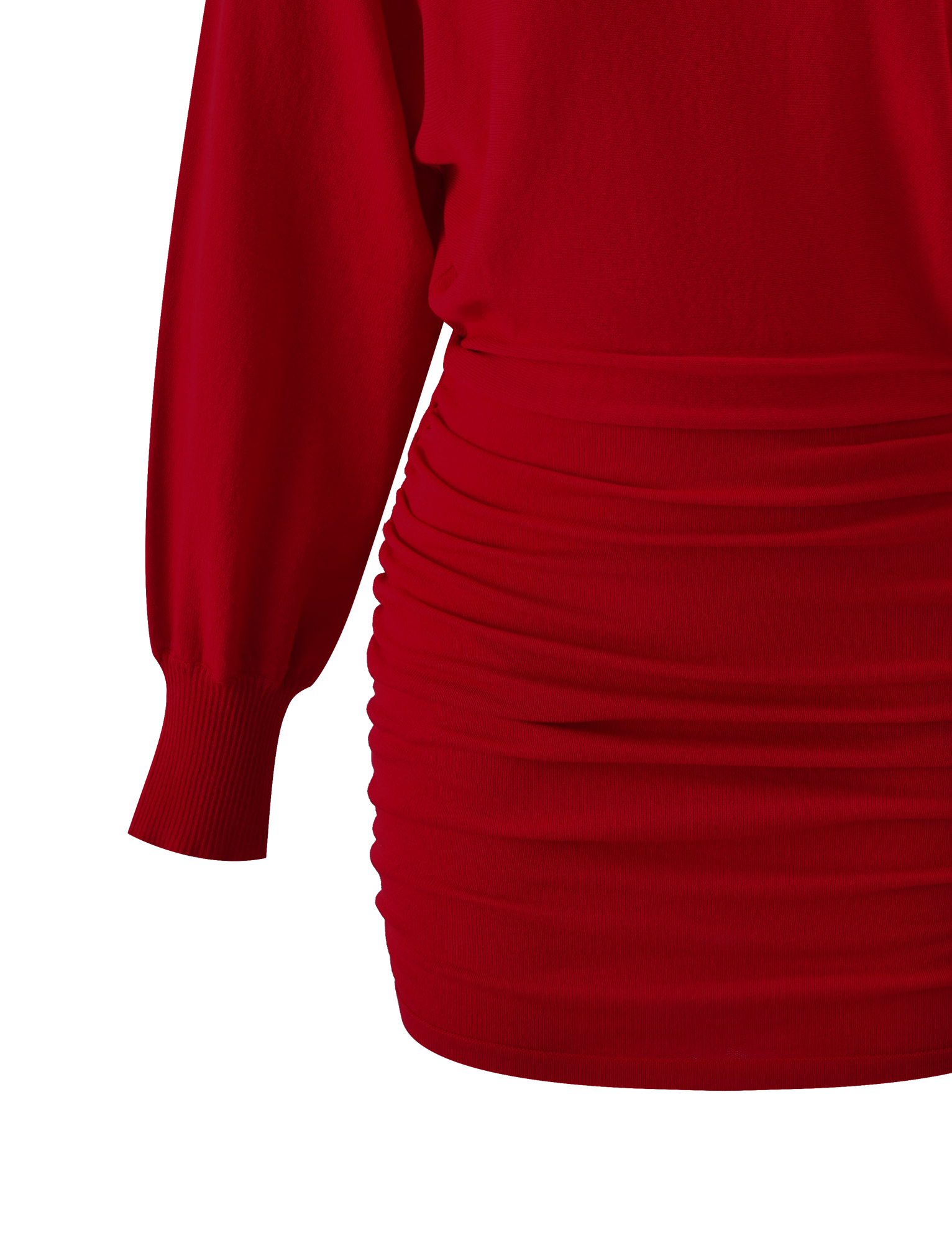 Close-up of the JANINE MINI DRESS in red by TIGERMIST, a knit bodycon style with long sleeves, ribbed cuffs, and a ruched fitted skirt. Shown against a white background.