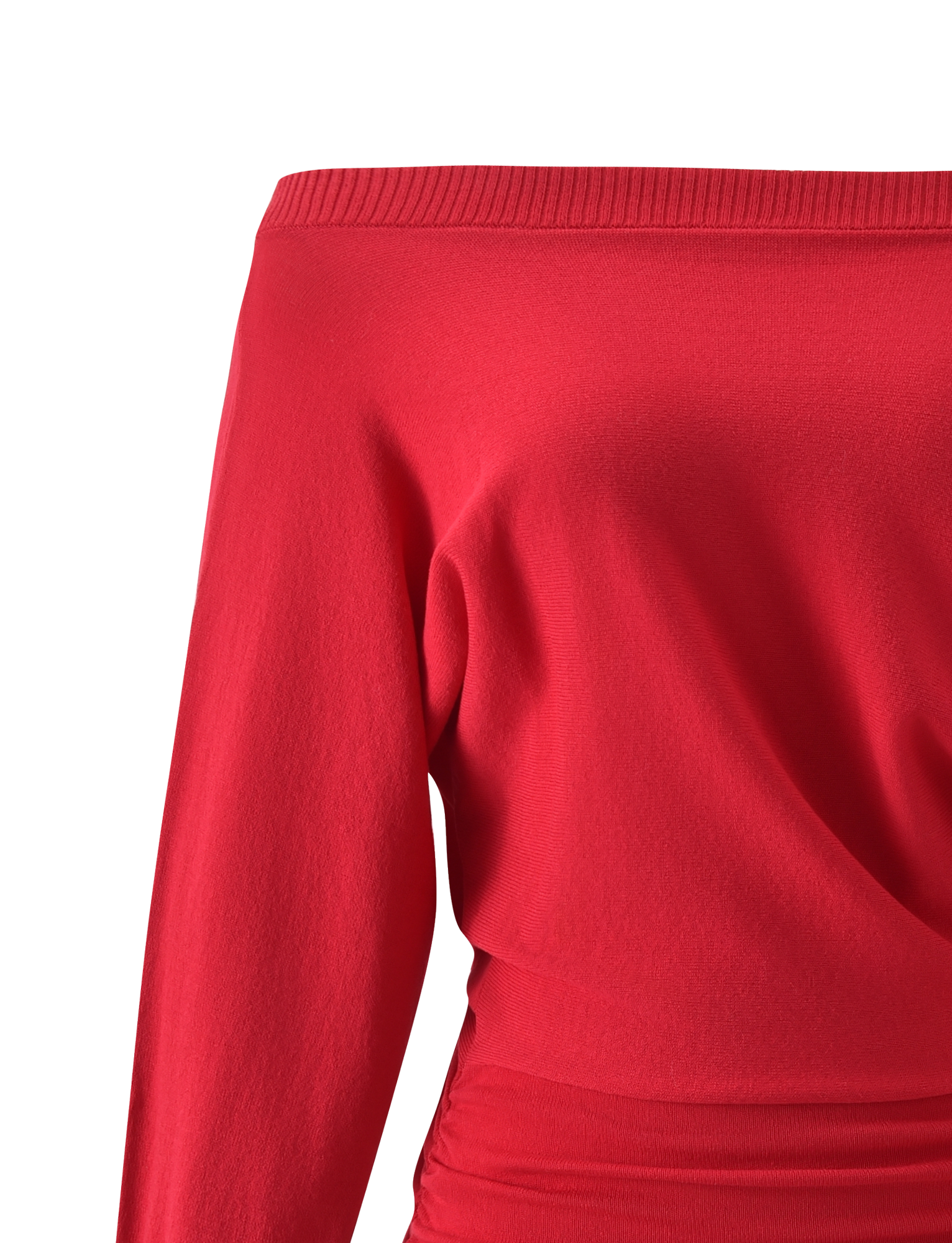 A close-up of the TIGERMIST JANINE MINI DRESS - RED highlights its off-shoulder design, ribbed neckline detail, and draped ruching at one side of the waist.