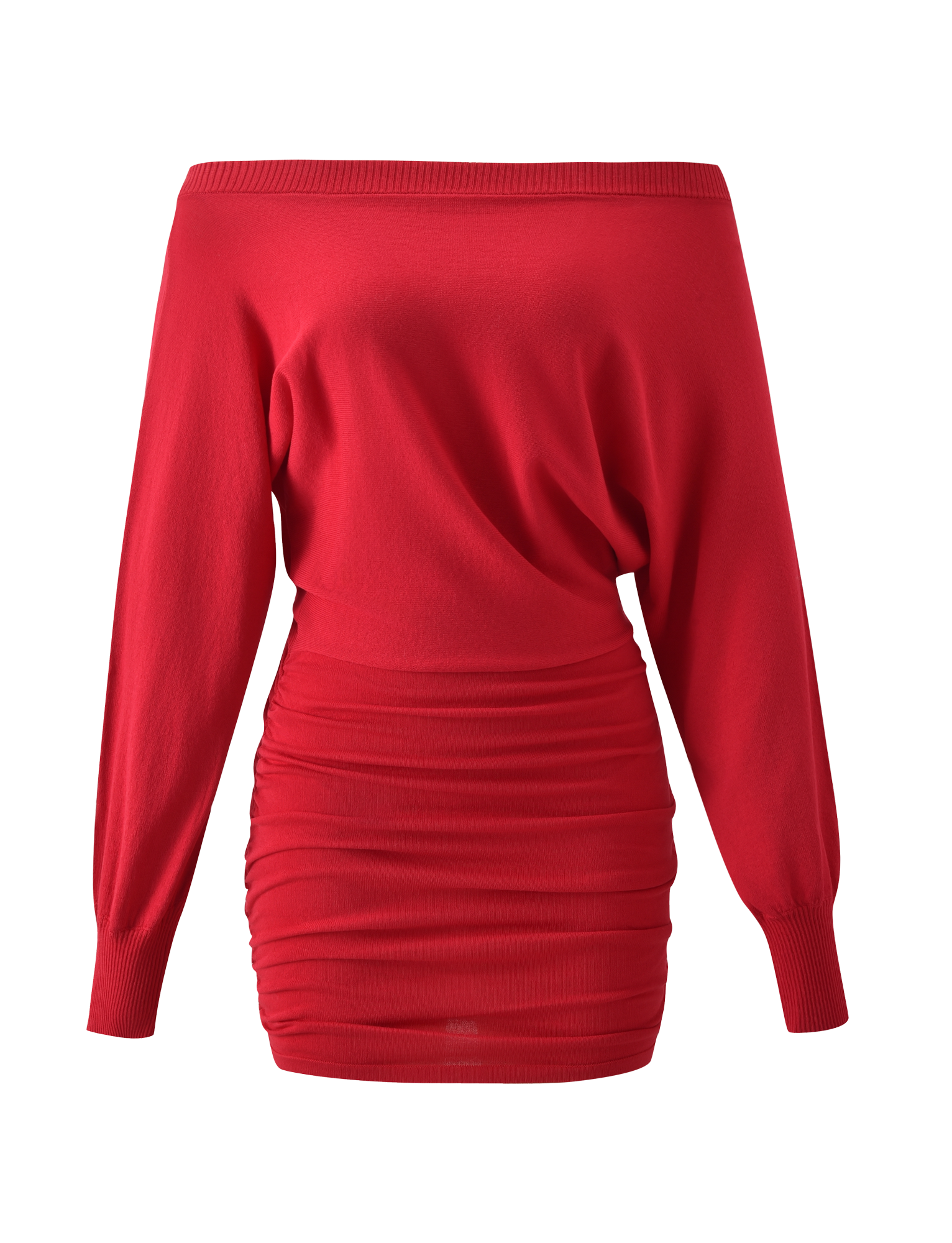 The TIGERMIST JANINE MINI DRESS - RED is a bright red off-shoulder mini featuring a ribbed neckline, fitted waist, and ruched skirt detailing, shown against a plain white background.