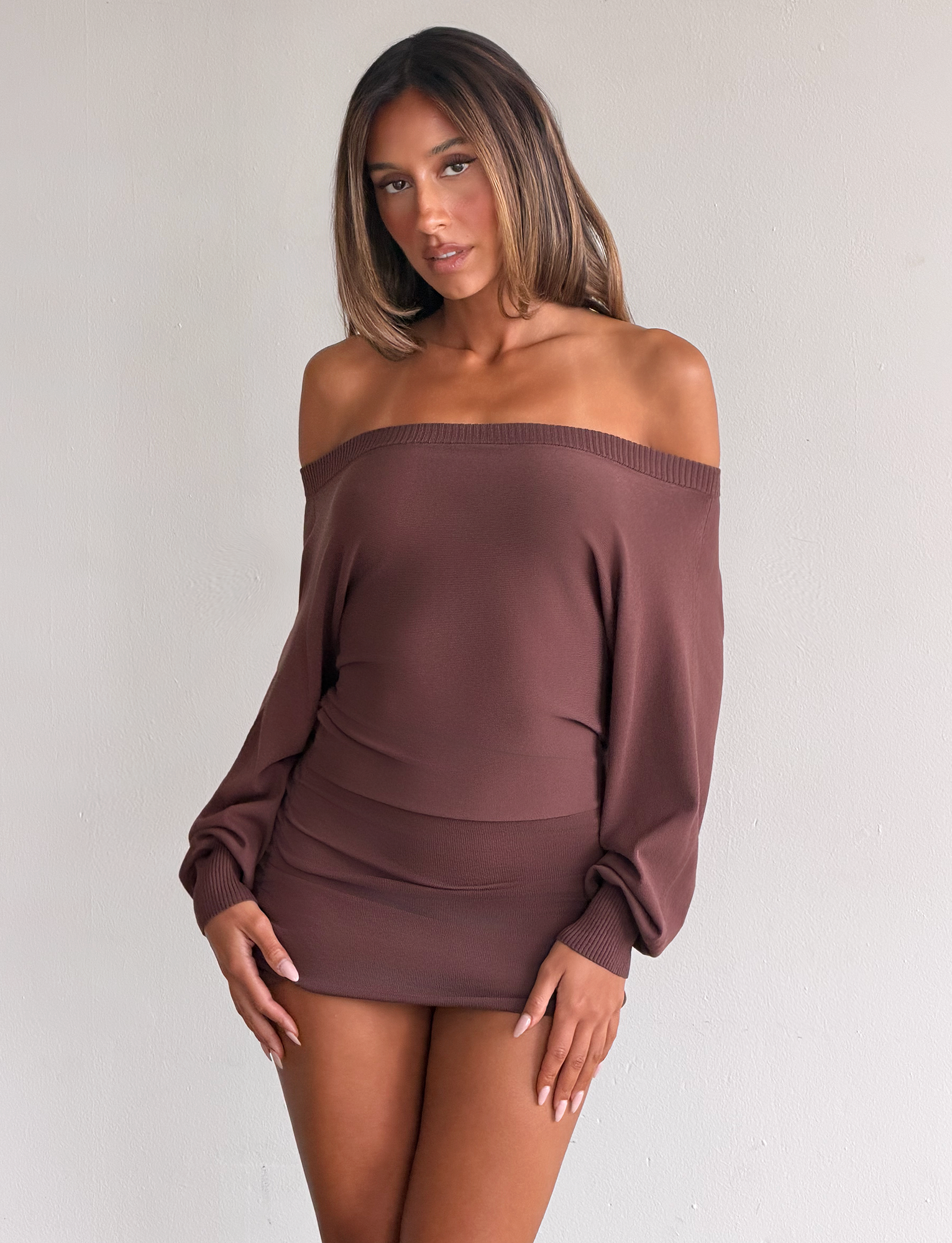 off the shoulder long sleeve mini dress JANINE MINI DRESS