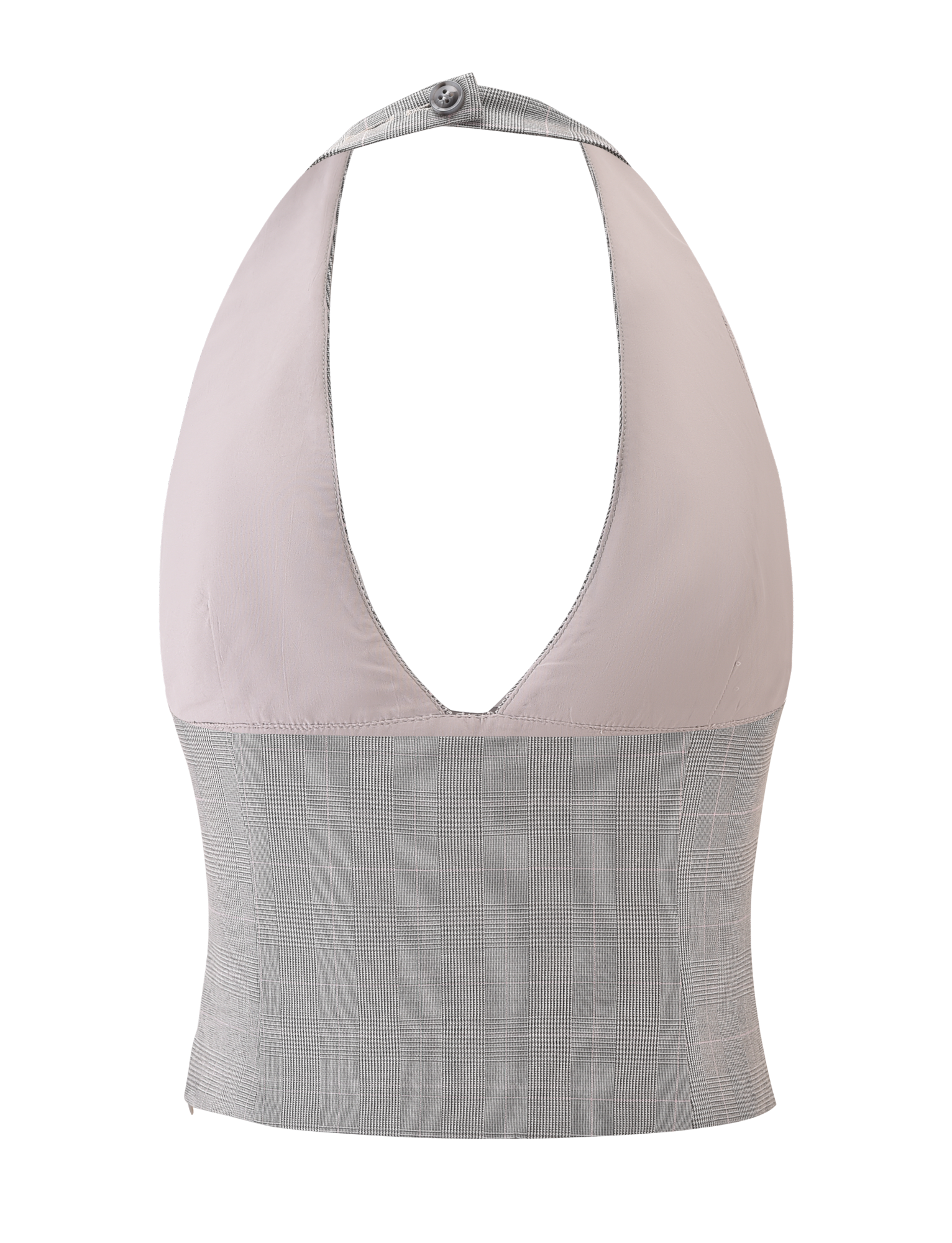 The TERESIA TOP - GREY CHECK by TIGERMIST is a sleeveless halter neck top with a plunging neckline, combining a light gray upper section with a grey check lower section. Made in stretch suiting, it features a button closure at the neck.
