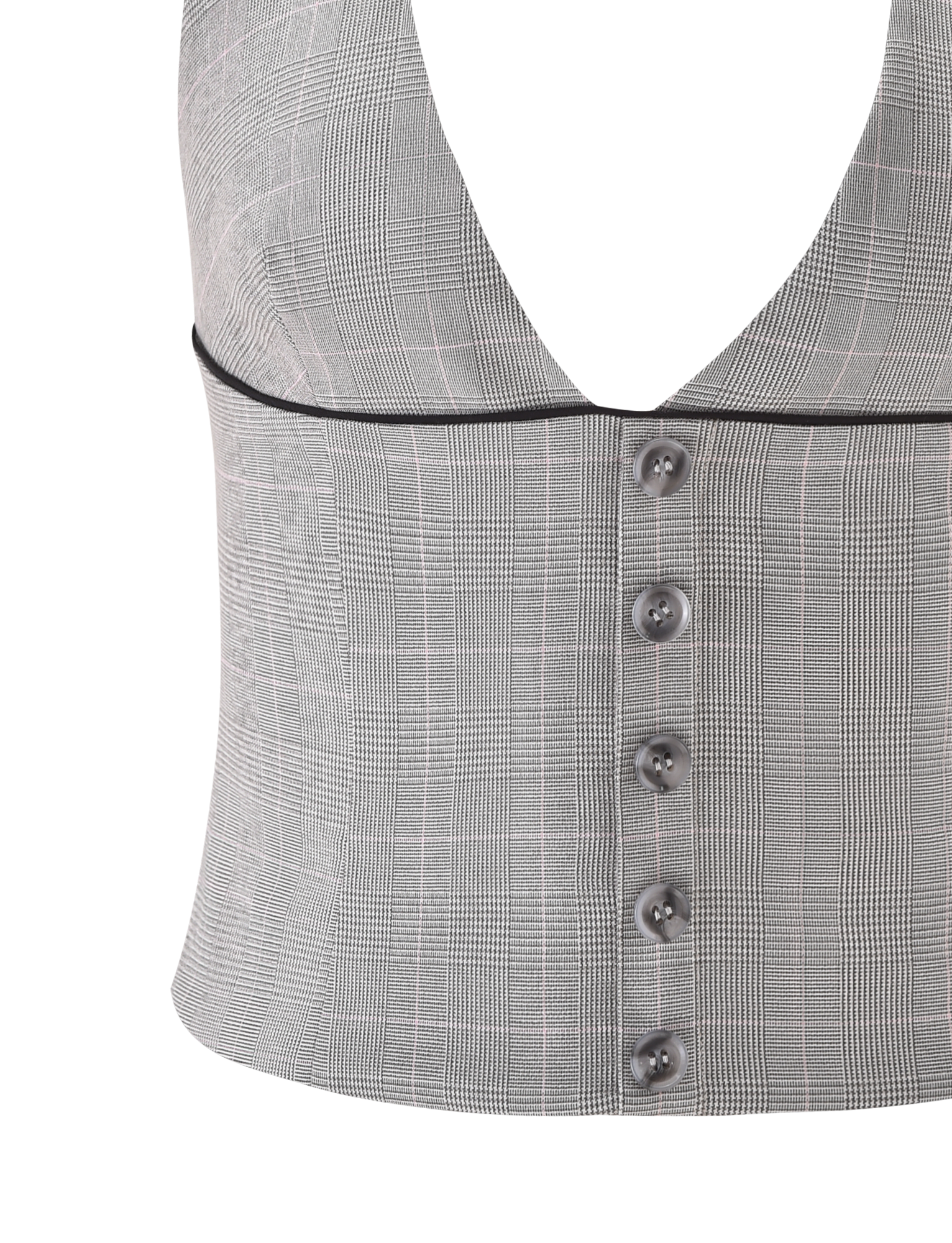 Close-up of the TIGERMIST TERESIA TOP - GREY CHECK, featuring black buttons, a deep V-neck, black under-bust trim, and crafted from stretch suiting for comfort and style, set against a white background.
