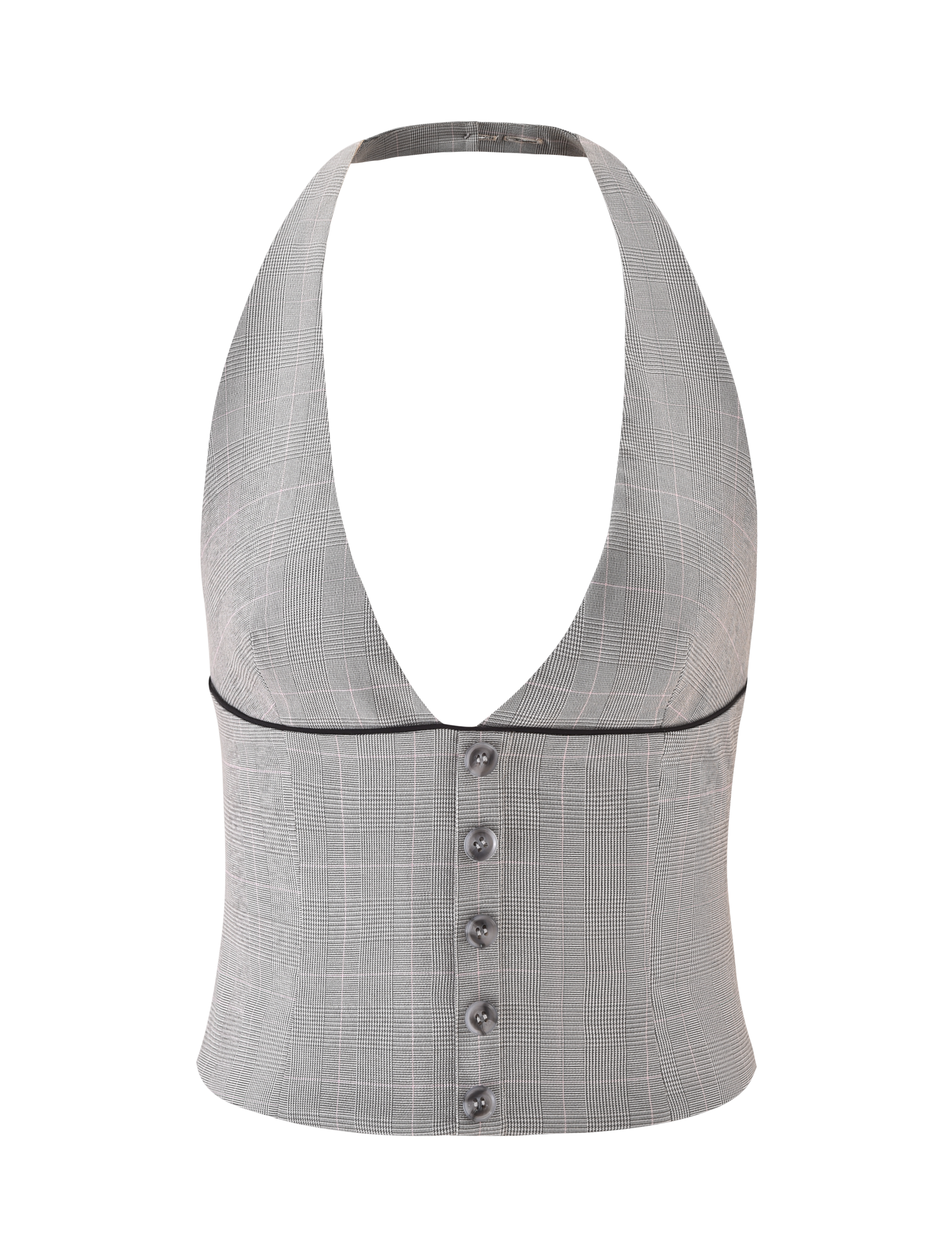 The TERESIA TOP - GREY CHECK by TIGERMIST is a gray plaid halter vest featuring a plunging neckline, black piping under the bust, five front buttons, and stretch suiting fabric, shown on a white background.