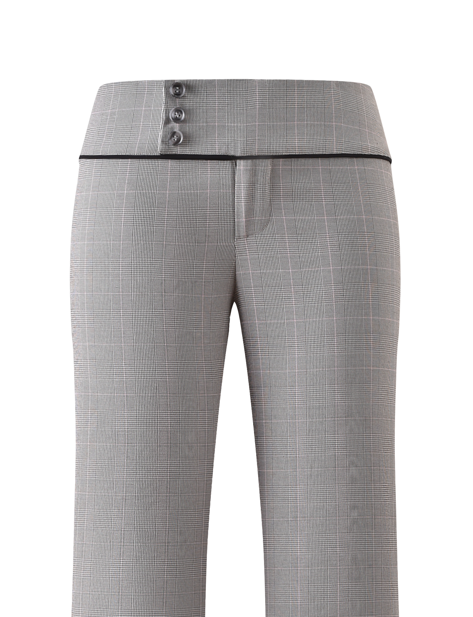 The TERESIA PANT - GREY CHECK by TIGERMIST features a wide waistband with three buttons, black trim, and a straight leg cut—ideal for enhancing your suiting collection. Shown against a white background.