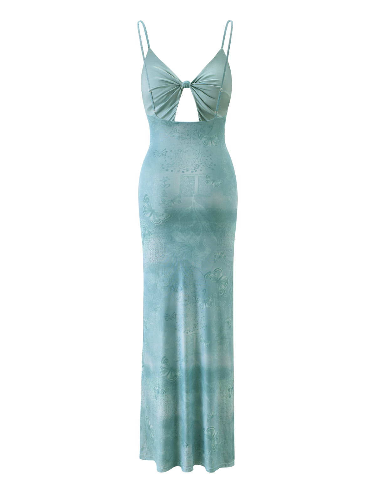 The TIGERMIST GARNET MAXI DRESS in teal butterfly paisley is a sleeveless, figure-flattering dress with spaghetti straps, a front knot and keyhole cutout, plus a subtle abstract pattern for added charm.