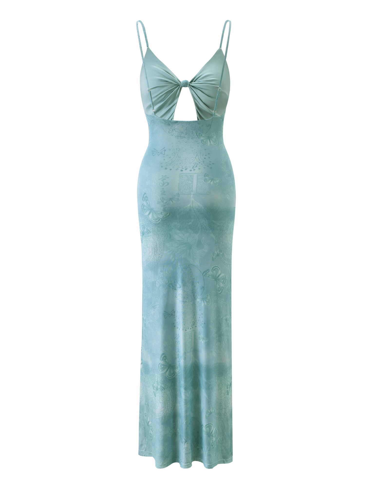The TIGERMIST GARNET MAXI DRESS in teal butterfly paisley is a sleeveless, figure-flattering dress with spaghetti straps, a front knot and keyhole cutout, plus a subtle abstract pattern for added charm.