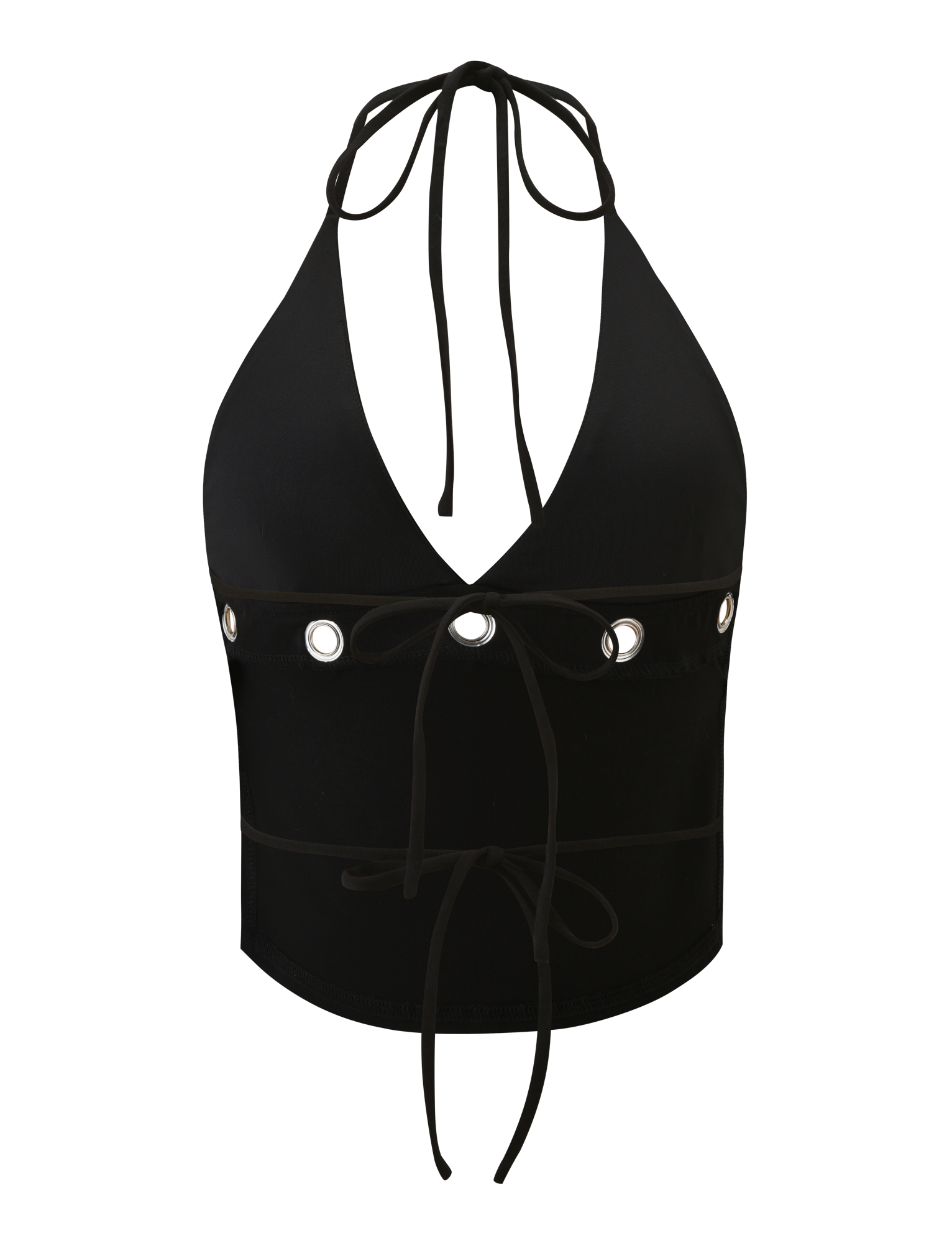 The MARREN TOP - BLACK by TIGERMIST is a black backless halter-neck crop top with a deep V neckline, grommet details under the bust, and lace-up ties at the neck and front.