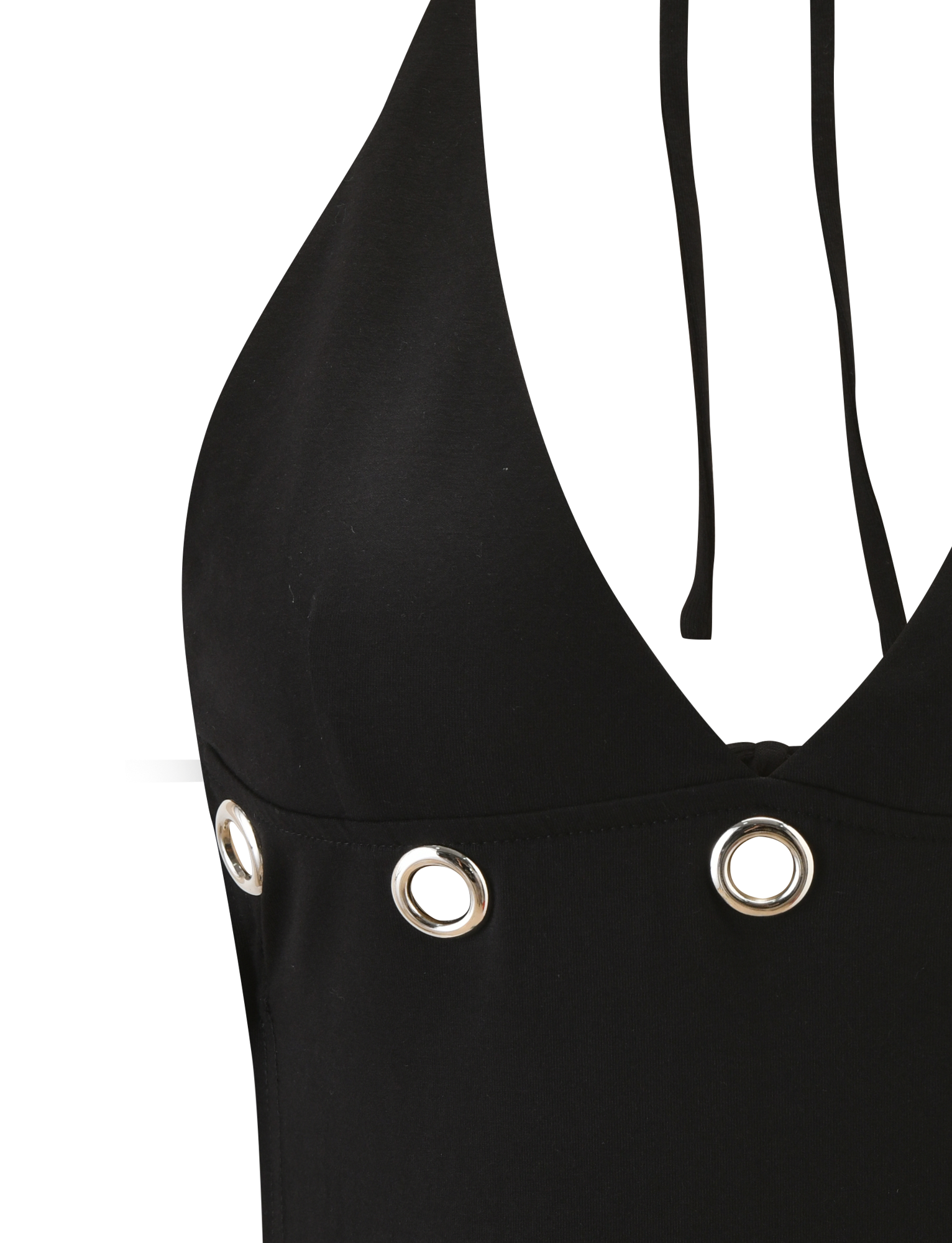 Close-up of the TIGERMIST MARREN TOP - BLACK, featuring a halter neck with silver grommet details and thin neck ties, shown against a white background.