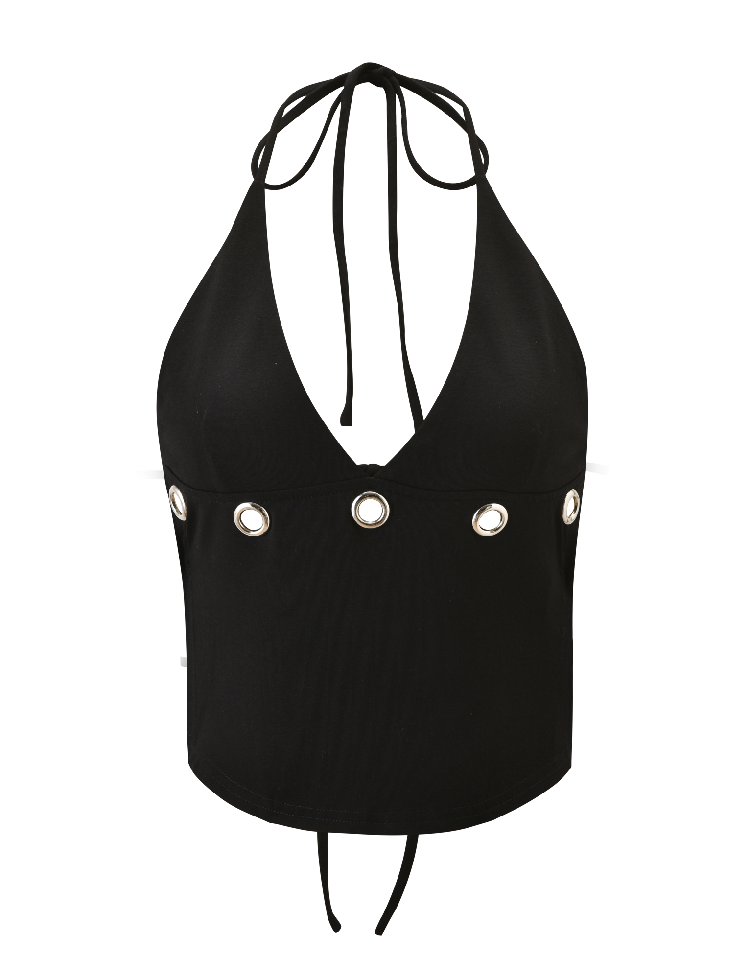 The TIGERMIST MARREN TOP - BLACK is a halter neck style with a deep V-neckline, silver grommet accents on the front, and tie straps at the neck and back for a striking backless look.