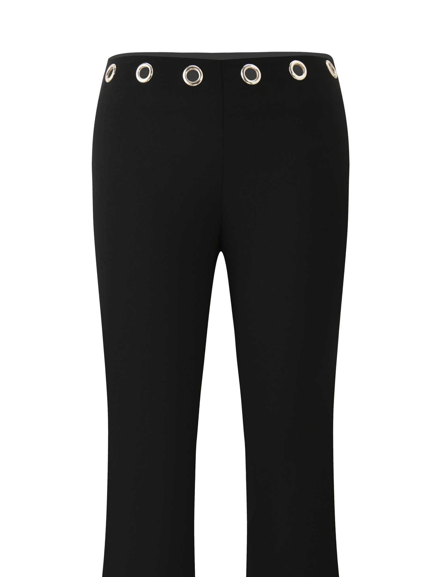 The MARREN PANT - BLACK by TIGERMIST is a low-rise fitted pant with silver grommet details on the waistband, displayed front-facing against a plain white background.