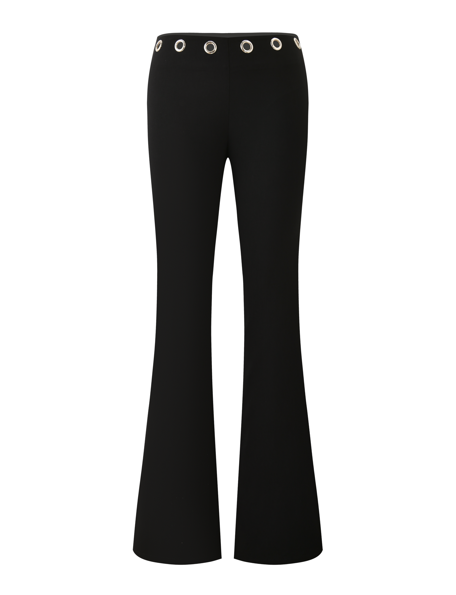 The MARREN PANT - BLACK by TIGERMIST features a low-rise waist, wide flared legs, and silver grommets around the waistband. Shown against a plain white background.