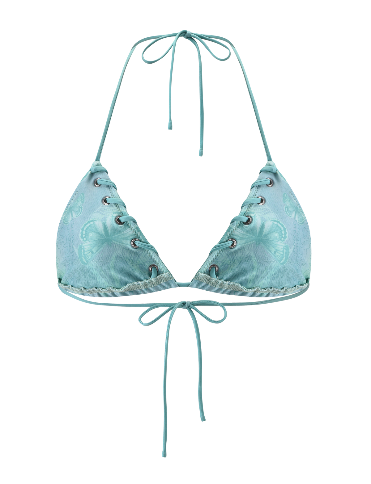 The ROBYN BIKINI TOP - BLUE BUTTERFLY PAISLEY by TIGERMIST is a light blue halter neck bikini top with back ties, embossed patterns, and silver eyelet details along the edges for a chic finish.