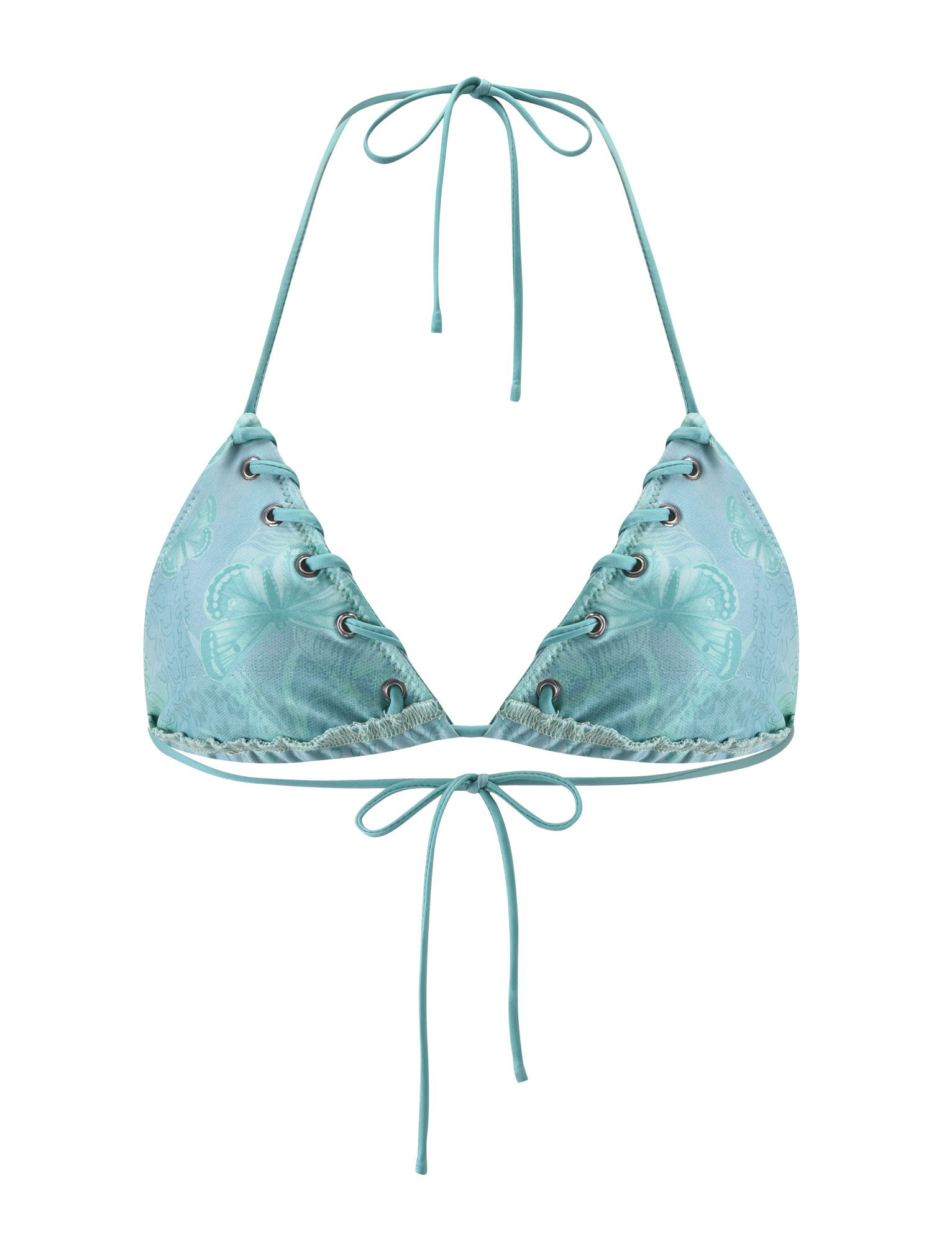 The ROBYN BIKINI TOP - BLUE BUTTERFLY PAISLEY by TIGERMIST is a light blue halter neck bikini top with back ties, embossed patterns, and silver eyelet details along the edges for a chic finish.