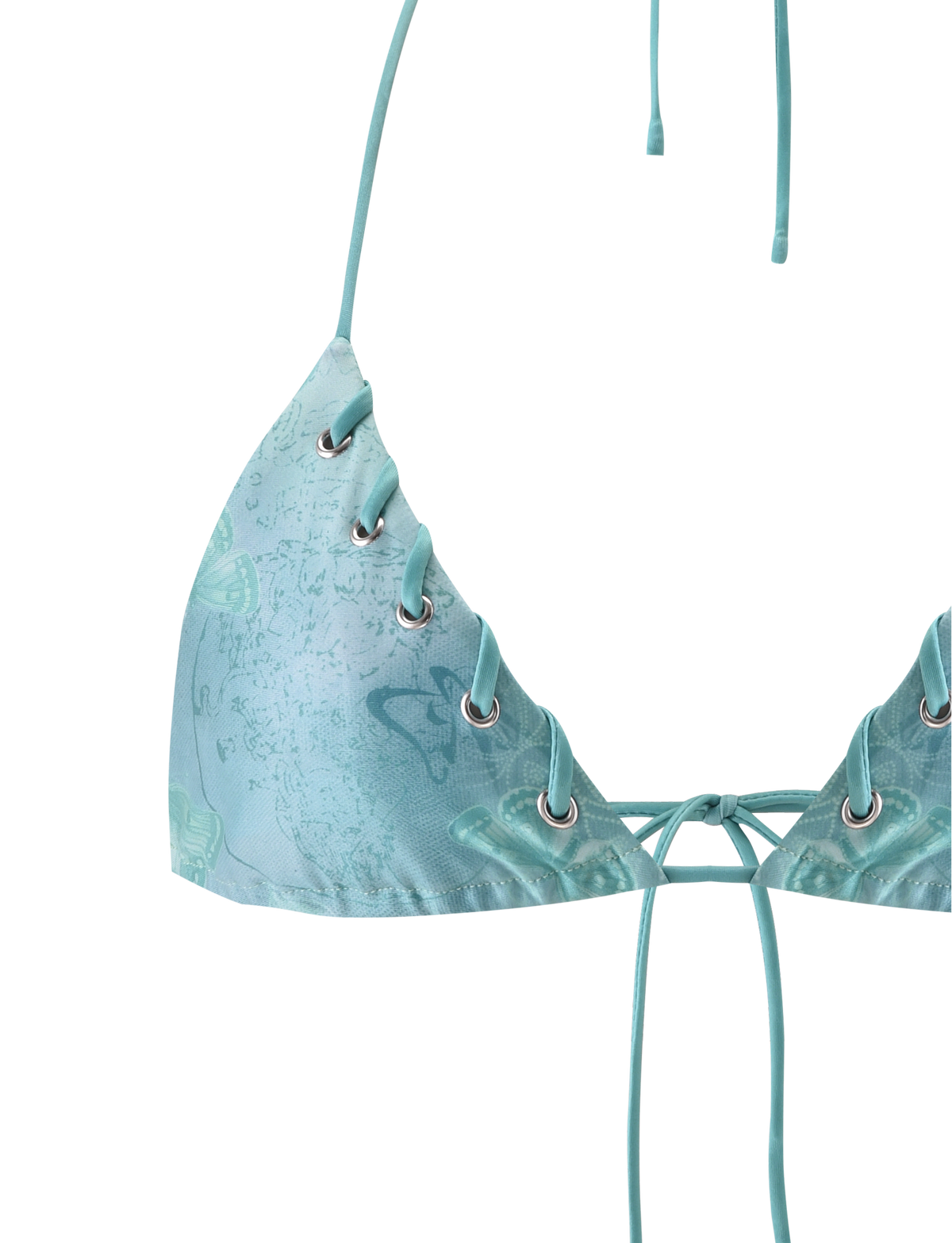 Close-up of the TIGERMIST ROBYN BIKINI TOP in Blue Butterfly Paisley, featuring a lace-up front with silver eyelets and a subtle abstract pattern. The strings are tied at the bottom center.