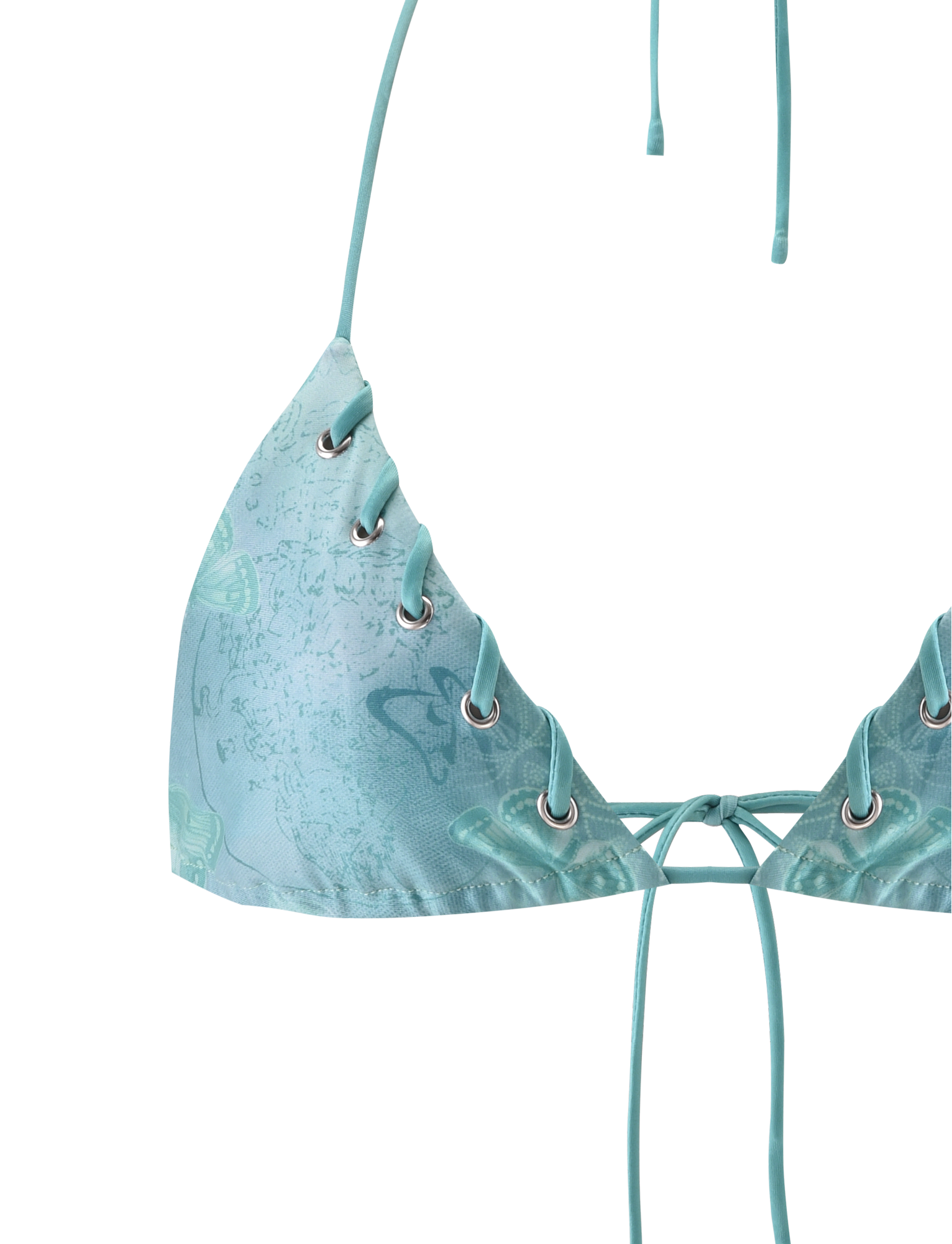 Close-up of the TIGERMIST ROBYN BIKINI TOP in Blue Butterfly Paisley, featuring a lace-up front with silver eyelets and a subtle abstract pattern. The strings are tied at the bottom center.