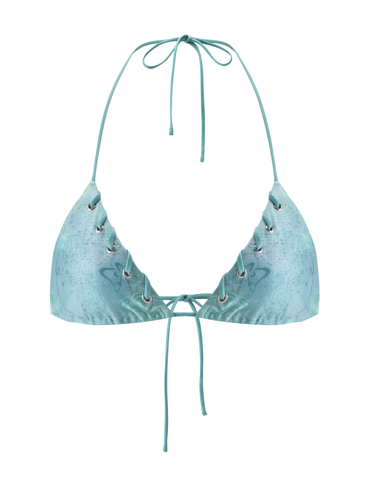 The TIGERMIST ROBYN BIKINI TOP in Blue Butterfly Paisley features lace-up grommet details at the front and neck ties, shown against a plain white background.