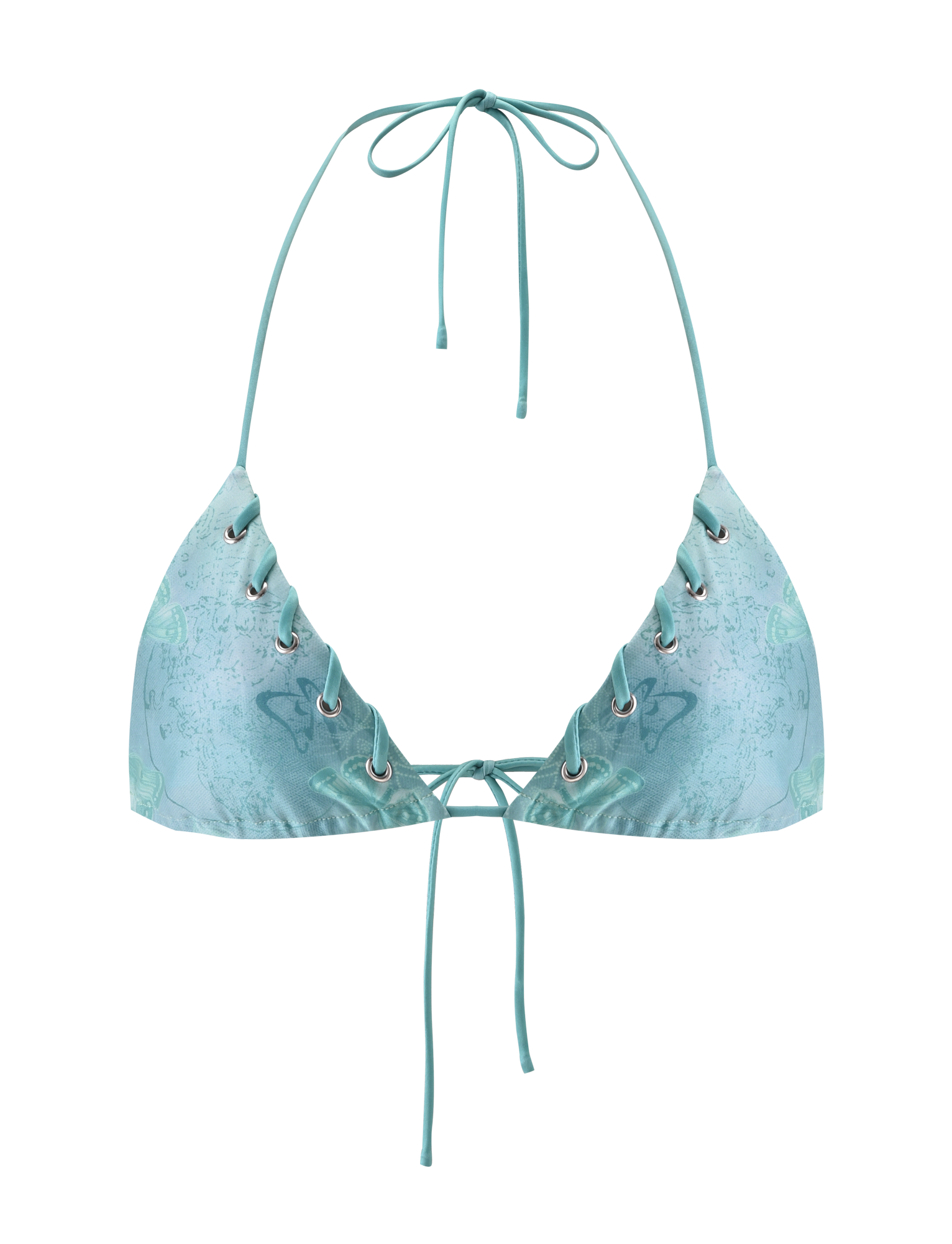 The TIGERMIST ROBYN BIKINI TOP in Blue Butterfly Paisley features lace-up grommet details at the front and neck ties, shown against a plain white background.