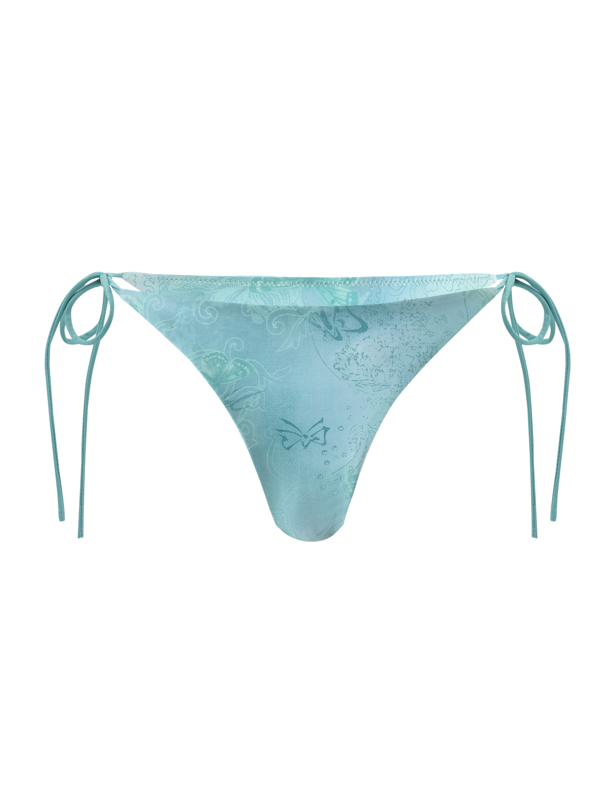 The TIGERMIST ROBYN BIKINI BOTTOM - BLUE BUTTERFLY PAISLEY features a light blue floral and butterfly print with adjustable side ties, shown on a plain white background.