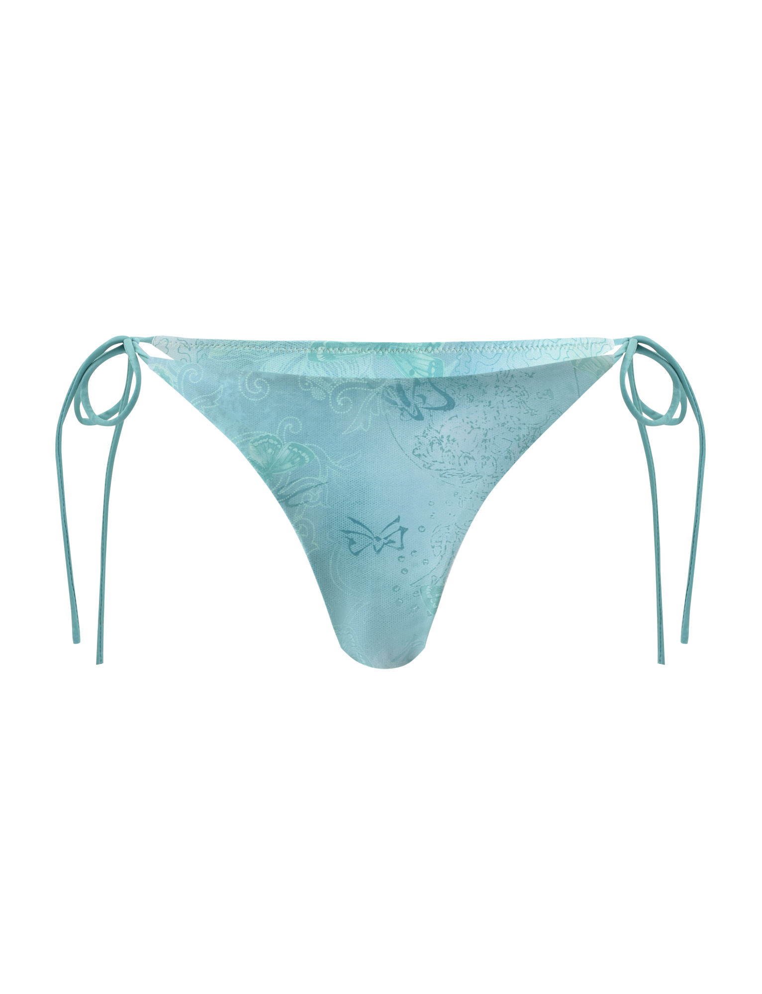 The TIGERMIST ROBYN BIKINI BOTTOM - BLUE BUTTERFLY PAISLEY features a light blue floral and butterfly print with adjustable side ties, shown on a plain white background.
