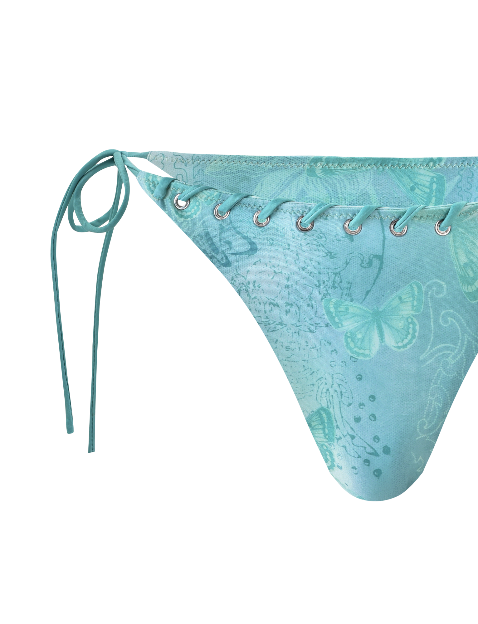 Close-up of TIGERMIST ROBYN BIKINI BOTTOM - BLUE BUTTERFLY PAISLEY in turquoise with adjustable side ties, silver grommets, and a blue butterfly paisley print blending blue and green hues for a fresh summer vibe.