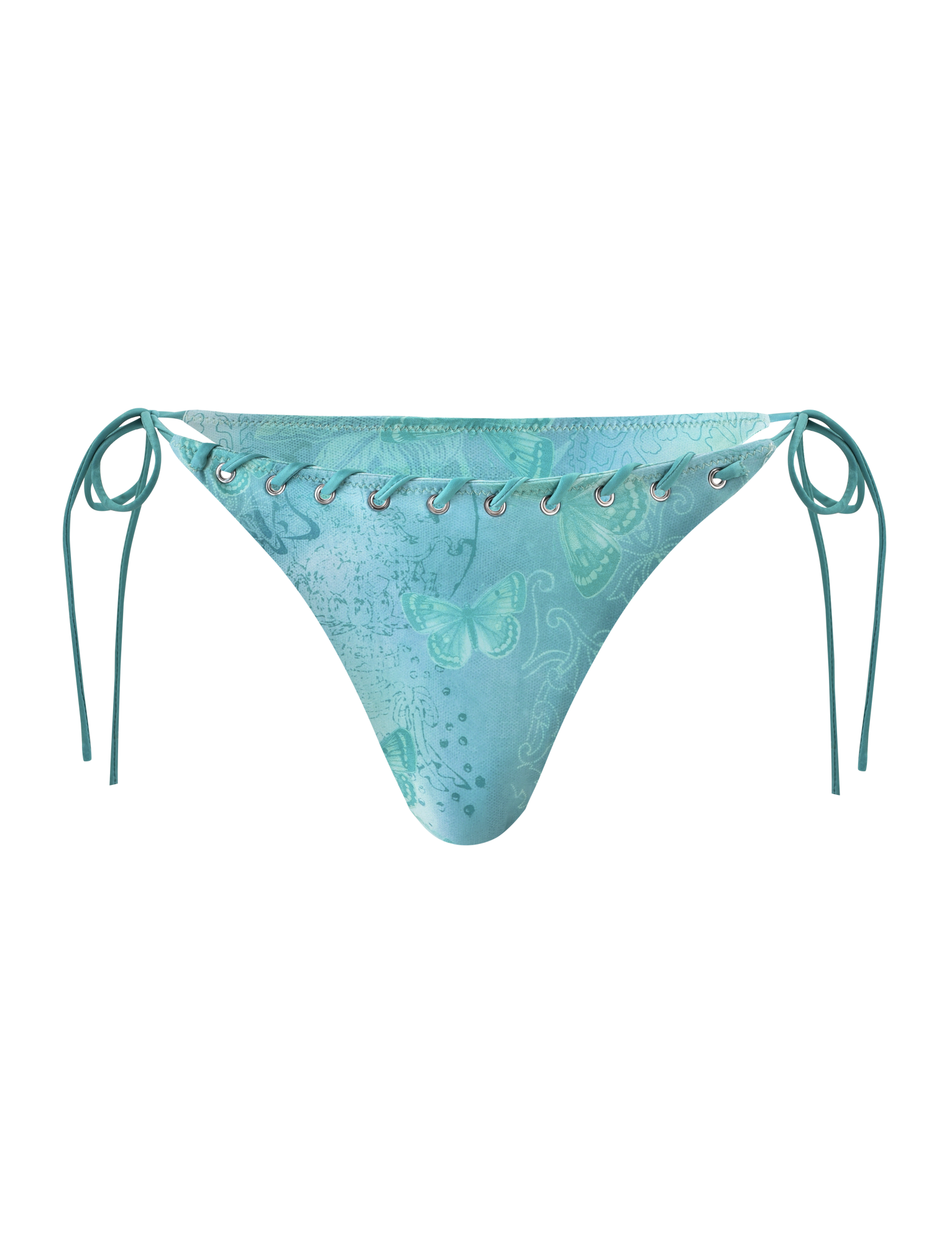 The TIGERMIST ROBYN BIKINI BOTTOM - BLUE BUTTERFLY PAISLEY features a subtle floral print, lace-up front with silver grommets, and thin adjustable side ties, shown against a white background.