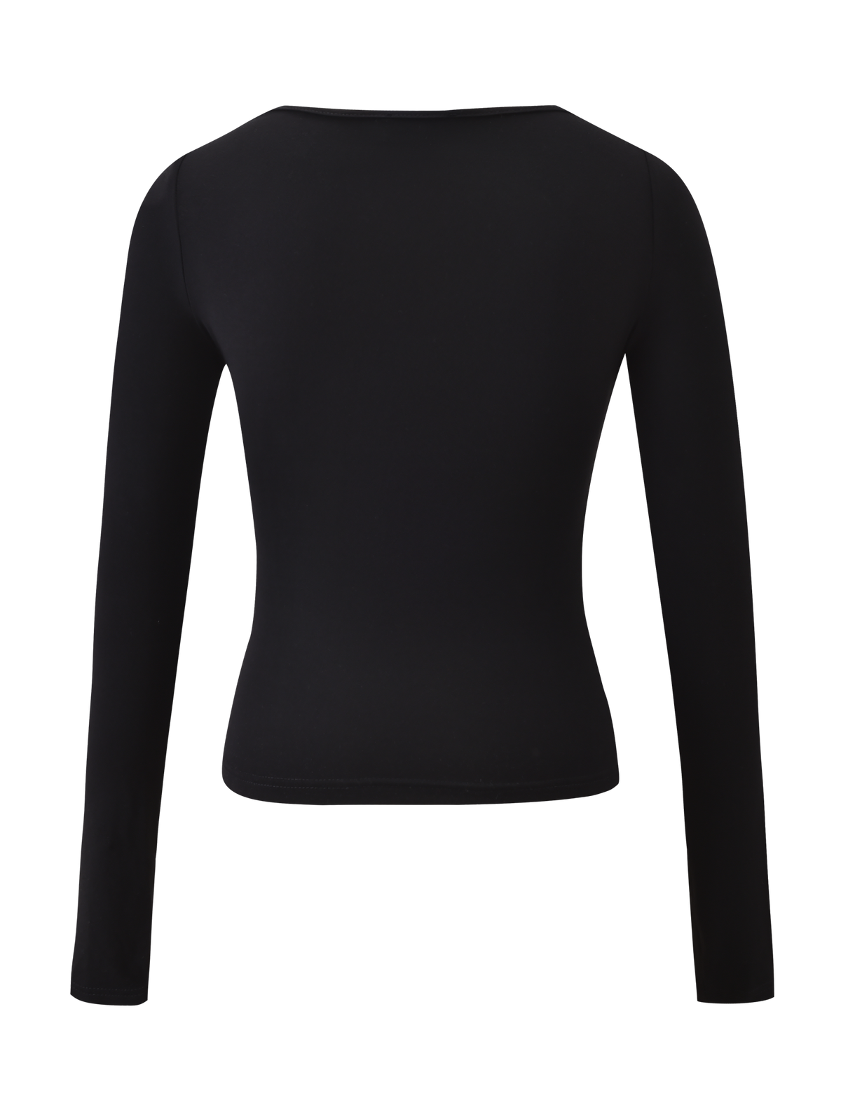 The DAMELA LONG SLEEVE TOP by TIGERMIST features a fitted silhouette, simple crew neckline, and is shown from the back in black on a white background. Ideal for layering over a lace bandeau for stylish versatility.