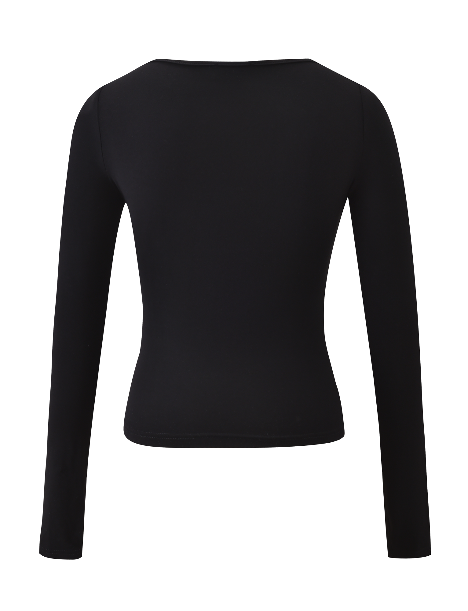 The DAMELA LONG SLEEVE TOP by TIGERMIST features a fitted silhouette, simple crew neckline, and is shown from the back in black on a white background. Ideal for layering over a lace bandeau for stylish versatility.