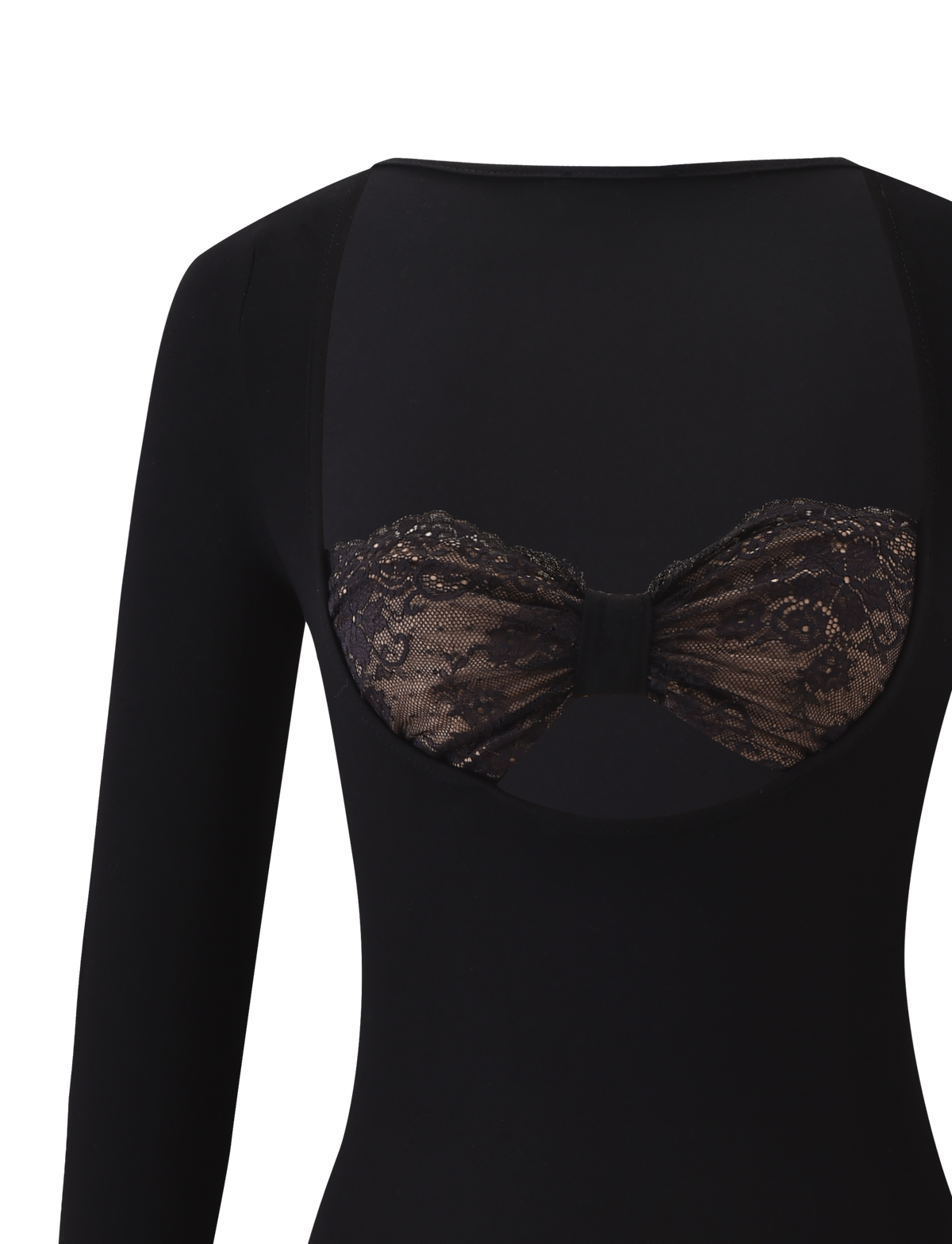 A close-up of the DAMELA LONG SLEEVE TOP - BLACK by TIGERMIST shows a large back cutout revealing a floral lace bandeau with center detailing underneath.
