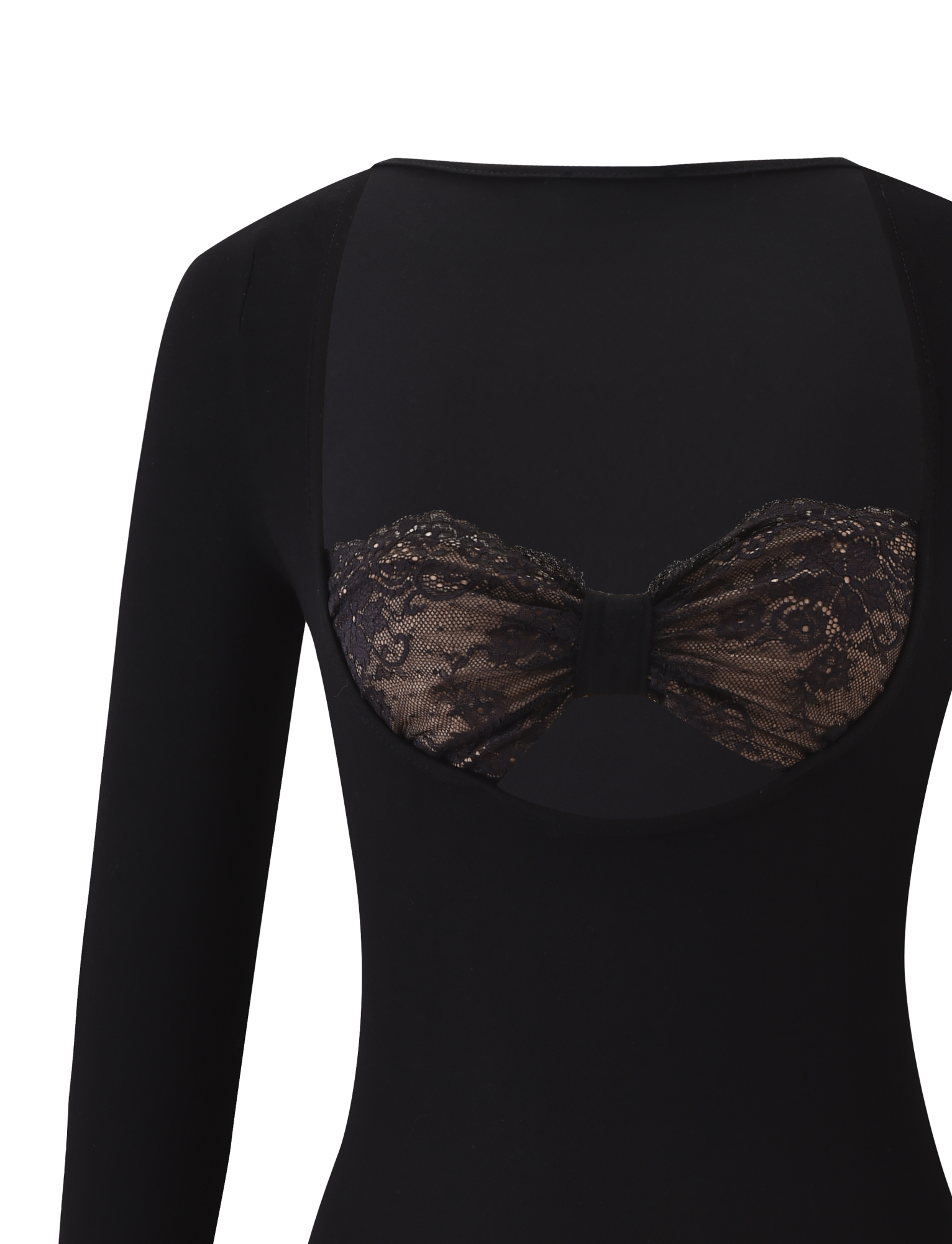 A close-up of the DAMELA LONG SLEEVE TOP - BLACK by TIGERMIST shows a large back cutout revealing a floral lace bandeau with center detailing underneath.